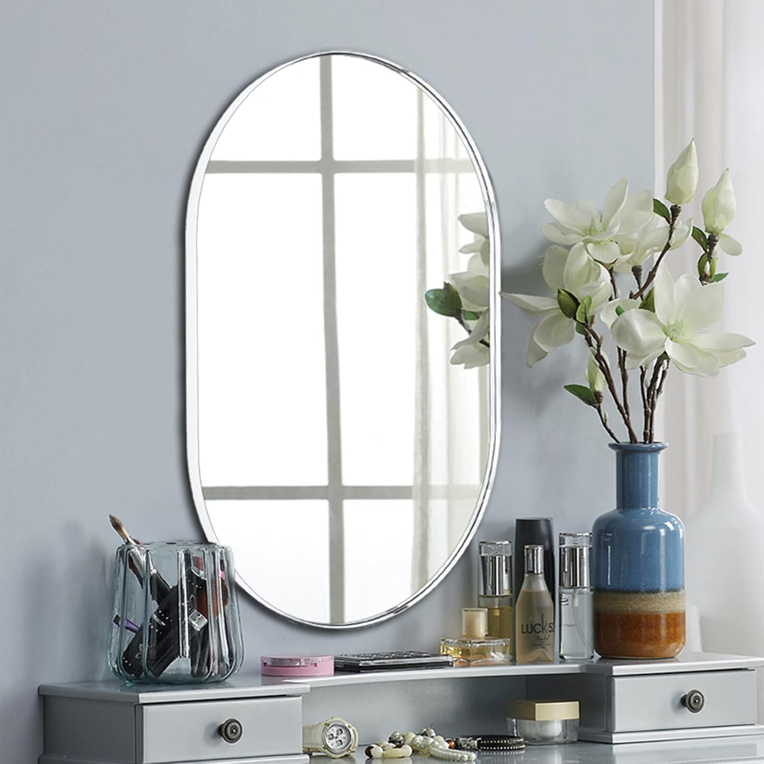 TEEBARN Chrome Oval Bathroom Vanity Mirror Pill Shaped Capsule Wall Mounted Mirror with Metal Frame Hangs Vertical & Horizontal 20x30