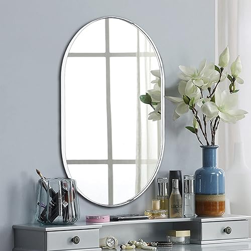 Miniatura 2 de TEEBARN Brushed Nickel Oval Bathroom Vanity Mirror 20x30 Pill Shaped Capsule Wall Mounted Mirror with Metal Frame Hangs Vertical & Horizontal