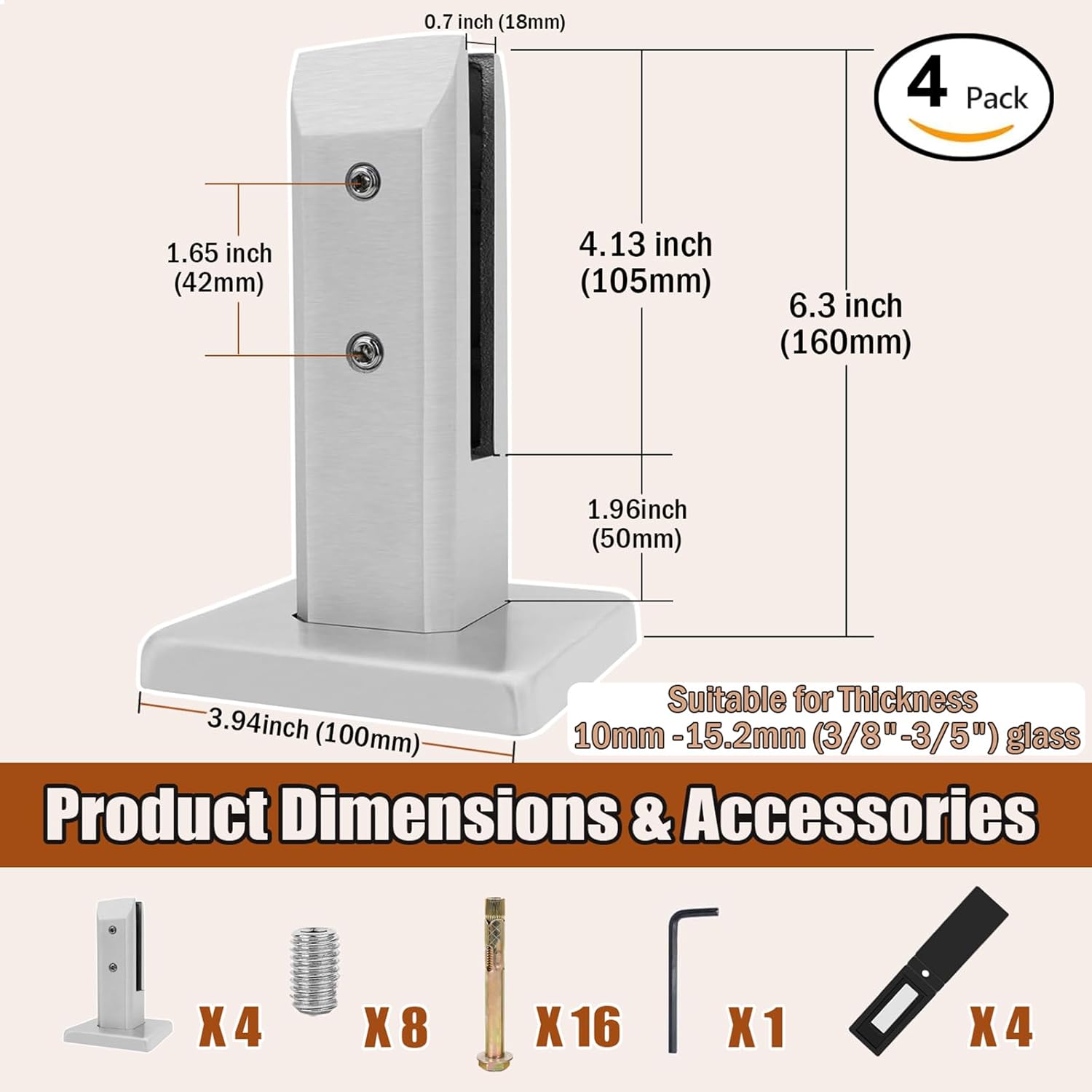Square Glass Spigots 304 Stainless Steel Glass Clamp Glass Panel Posts, Balcony Glass Floor Clamp, Adjustable 10-15MM Glass Clamp Glass Bracket,4pcs Gold,160MM