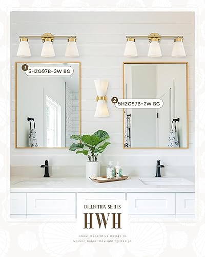 Miniatura 7 de HWH 5HZG97B-3W BG - Lámpara de tocador de baño de 3 luces de oro cepillado para baño, lámpara de pared con vidrio a rayas blancas esmeriladas,