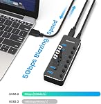 RSHTECH USB 3.0 Hub 7 Port alimenté USB Élargisseur de moyeu aluminium USB 3.0 Port de données hub avec Universal 5V AC Adaptateur et interrupteurs individuels de marche/arrêt USB Splitter pour ordinateur portable et PC(Noir)