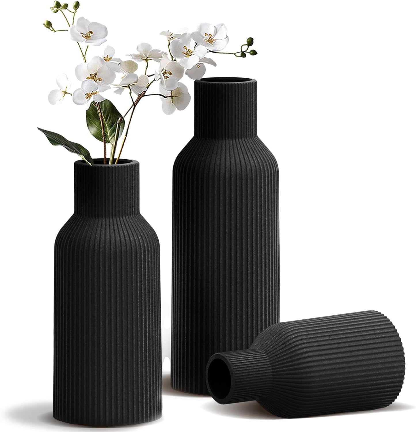 Glossy Black Ceramic Vases Set of 3 - Modern Ribbed Vases for Fresh Flowers & Pampas Grass - Minimalist Decorative Centerpieces for Coffee Table, Mantle, Entryway & Office