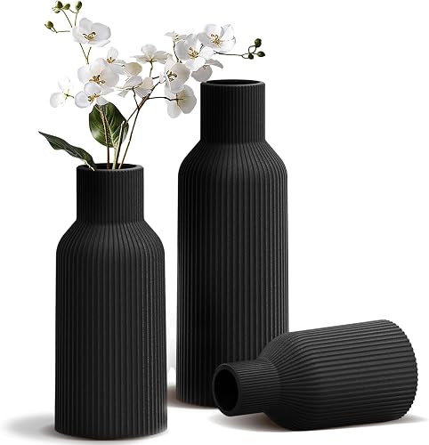 Black Ceramic Flower Vases Set of 3, Modern Matte Vertical Ribbed, Nordic Minimalist Decor for Pampas Grass, Dried & Fresh Flowers, Centerpiece for Living Room, Shelf, Entryway, Wedding