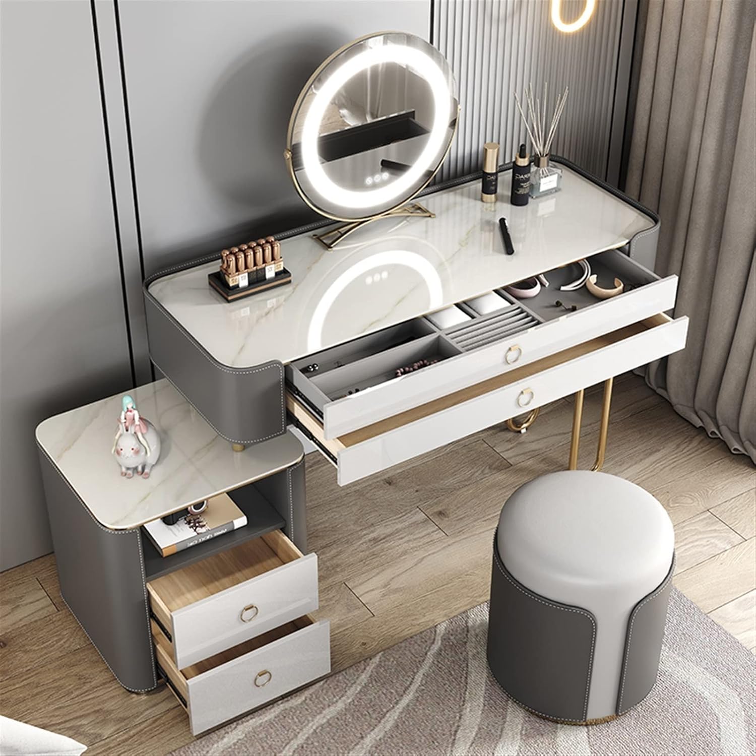 Vanity Dressing Table Set Luxury Makeup Bench with 3 Colors Led Hd Mirror,Comfortable Stool Drawers Cabinet,Modern Simple Style,for Girl's Gift (Size : 100cm) ()