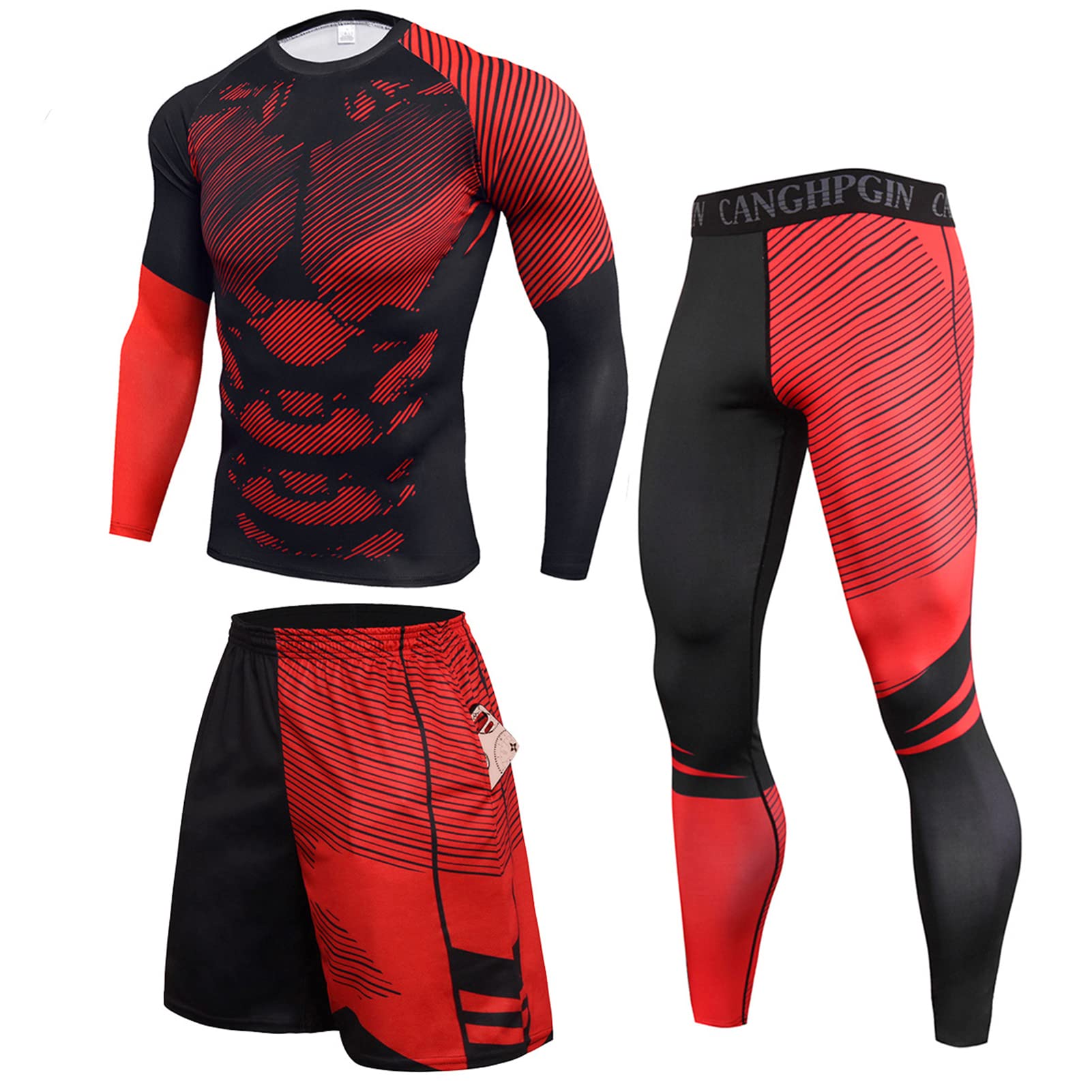 3 Pièces Ensemble Compression Homme Tenue Sport Fitness Vêtement Running Shirt Compression Legging Sport Short Running Sport Running Jogging Cyclisme