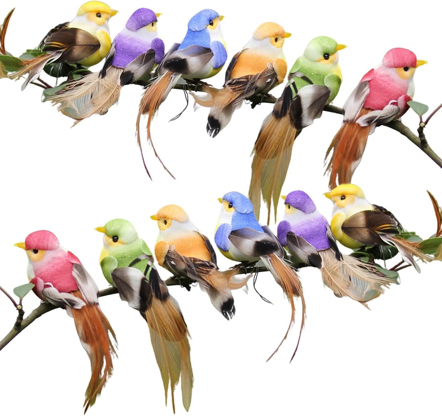 Pack of 12 Artificial Birds on Clips Feather Decorative Small Birds Christmas Tree Decoration Craft Bird Ornaments Colourful Bird Clip Small Birds on Clip Colourful Artificial Feather Birds