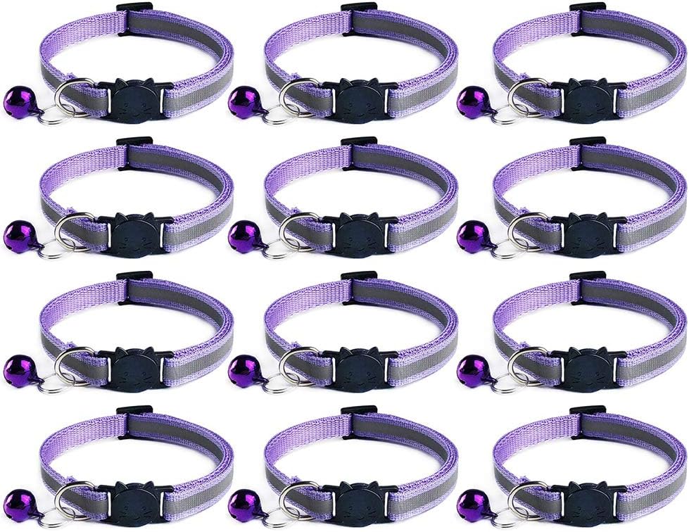 12x Reflective Design Adjustable Cat Collars More Safety Quick Release Safety Buckle with Bell (Purple)