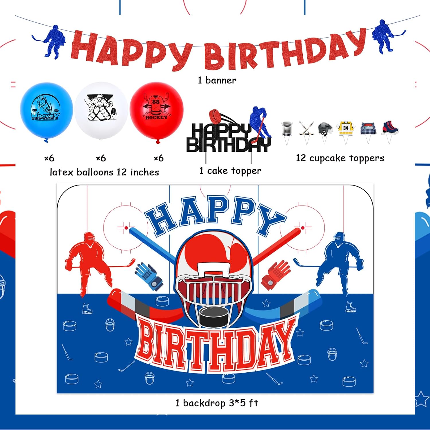 Hockey Birthday Party Decorations, Hockey Themed Party Decor, Ice Hockey Happy Birthday Backdrop Banner Cake Topper, Hockey Birthday Balloons Party Supplies
