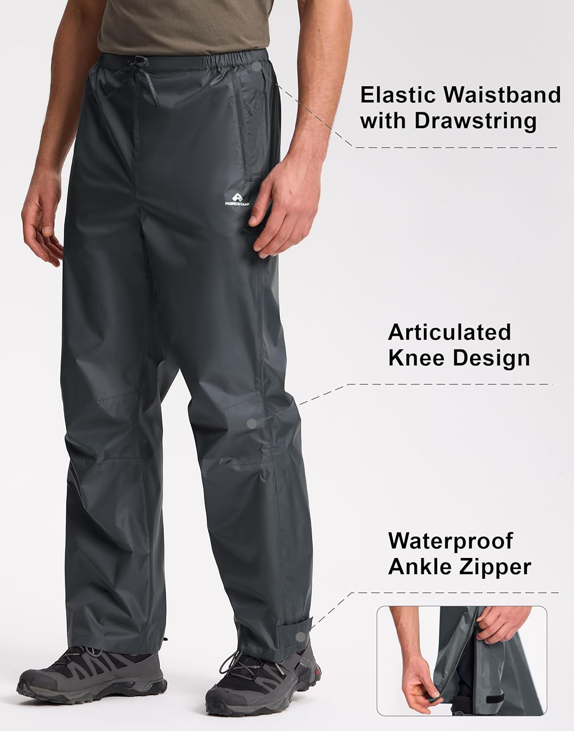 Pioneer Camp Men’s Rain Pants Waterproof Packable Lightweight Windproof Outdoor Pants Hiking Fishing Golf Work Trousers