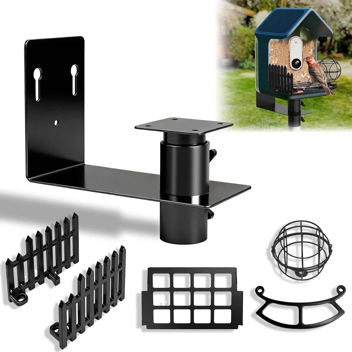 Versatile Bird Feeder Wall Mount for Bird Buddy, with Metal Bird Seed Guard/3 Pcs Perch Extender & Side Fence/Metal Suet Ball Holder, for Outdoor Durable, Weather-Proof