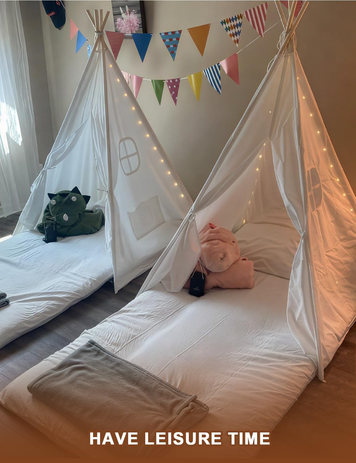 2 Pack Kids Sleepover Teepee Tent with Lights, Foldable Indoor Slumber Party Tents, Sleep Over Play Tent Playhouse for Girls Birthday Gifts, White