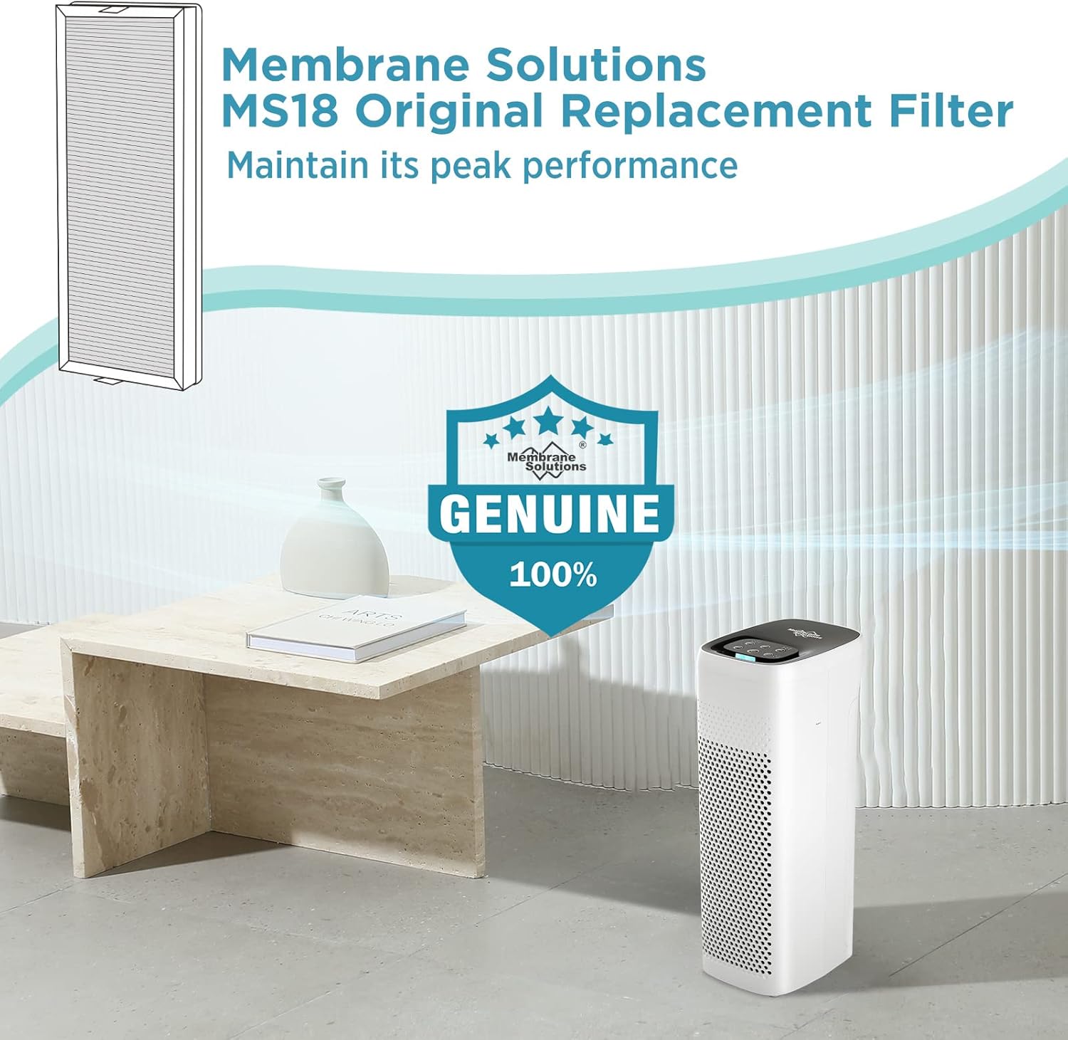 Membrane Solutions Genuine MS18 Original Air Purifier Filter Replacement, Upgraded 4-in-1 True HEPA Filter (Pack of 1)