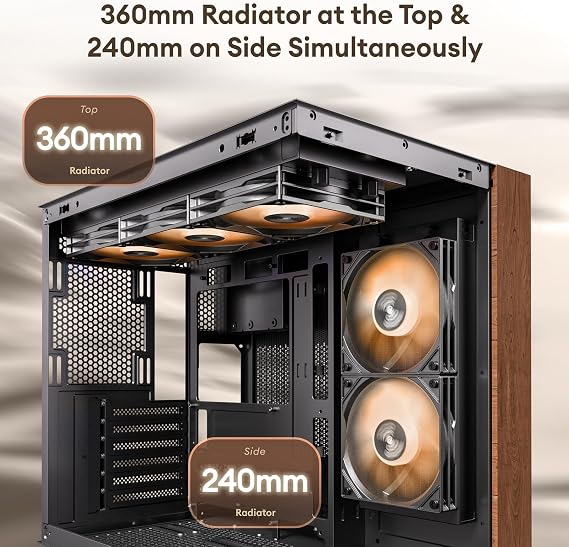 Okinos Genuine Walnut Wood PC Case, Pre-Installed 4 x 120mm ARGB & PWM Fans, Type-C Port, Panoramic View Tempered Glass Side Panel, Black, ATX Case, Mid-Tower, Mirage 6