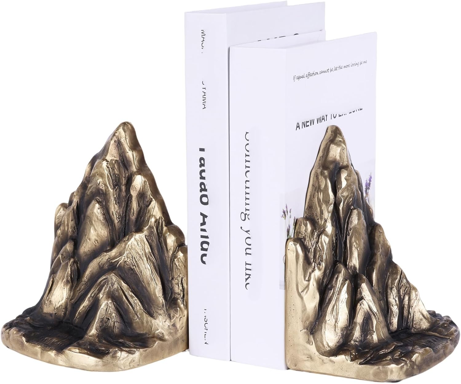 Mountain Bookends Set of 2, Resin Rock Bookends with Painted Finish, Decorative Mountain Shelf Decor for Bookshelf, Office Desk, Living Room, Nature-Inspired Home Accent