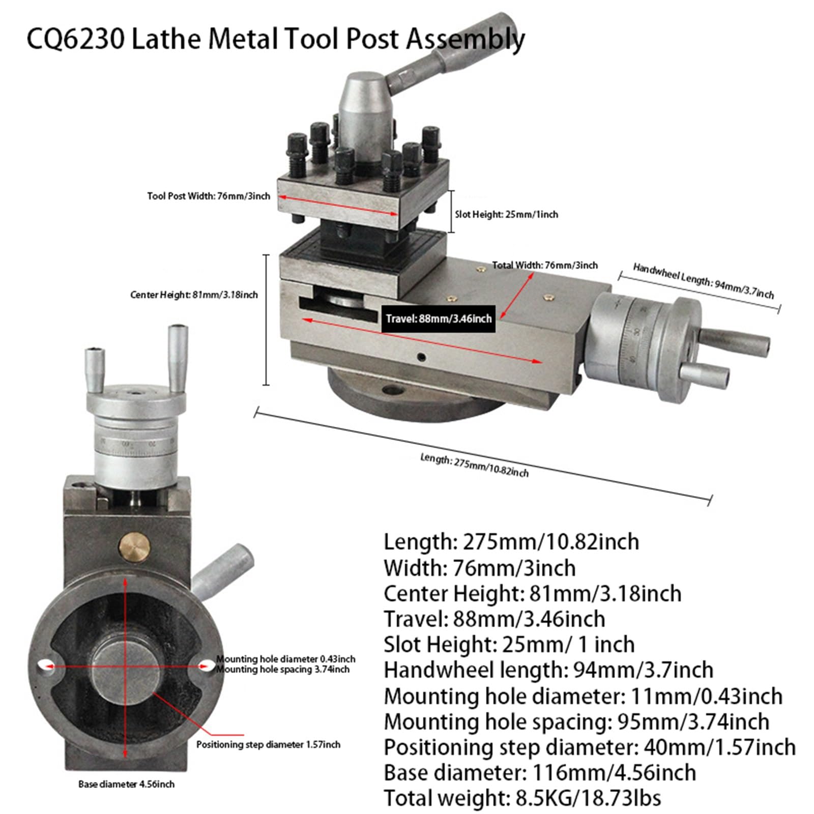 Assemblaggio postale utensile tornio, 27,8 cm, altezza centrale 8,18 cm, altezza scanalatura 2,5 cm, corsa 8,46 cm per tornio orizzontale leggero, adatto per acciaio, ghisa, plastica