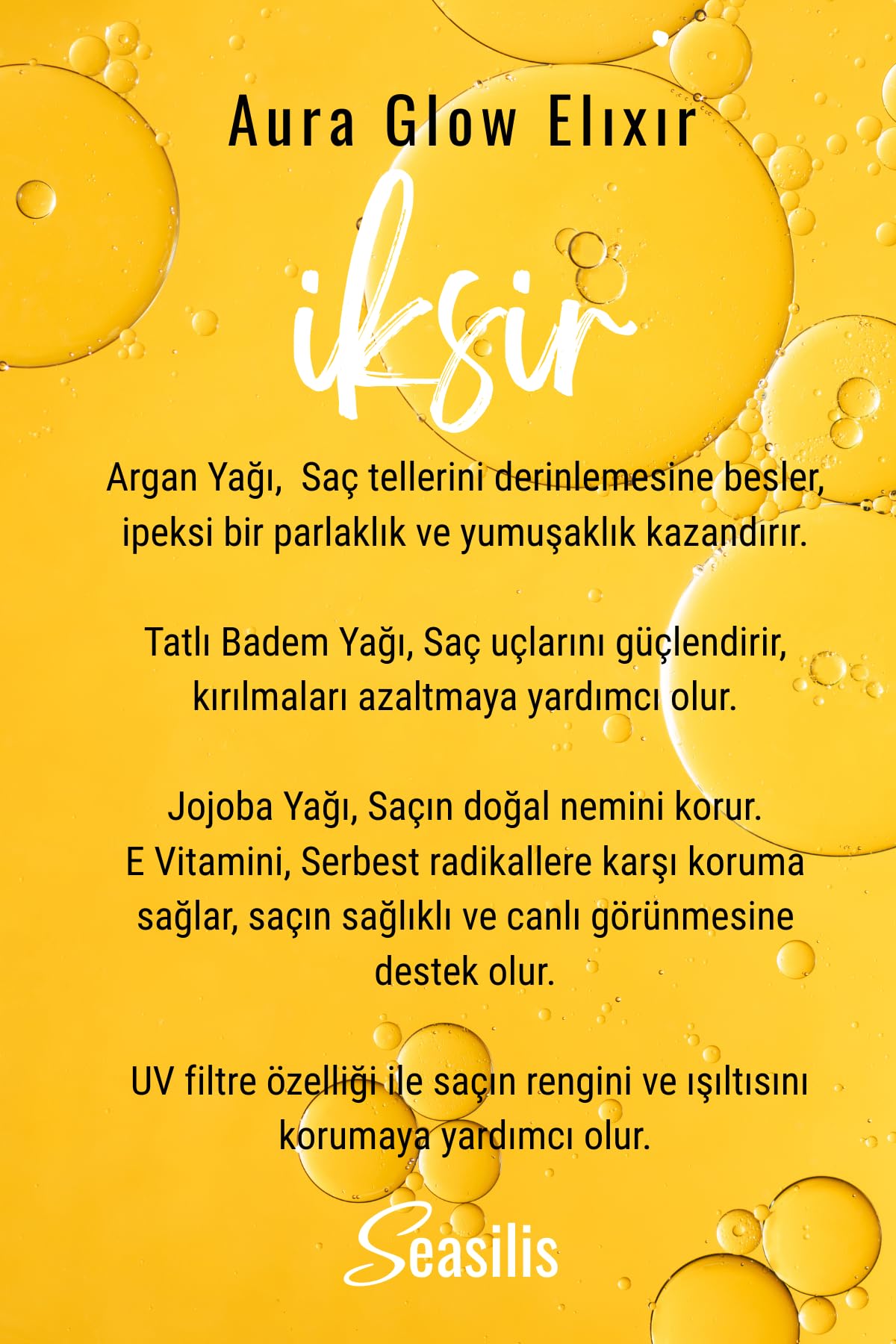 silis co. Seasilis Aura Glow Elixir Saç Bakım Yağı, Besleyici ve Onarıcı, Tüm Saç Tipleri İçin, 100 ml