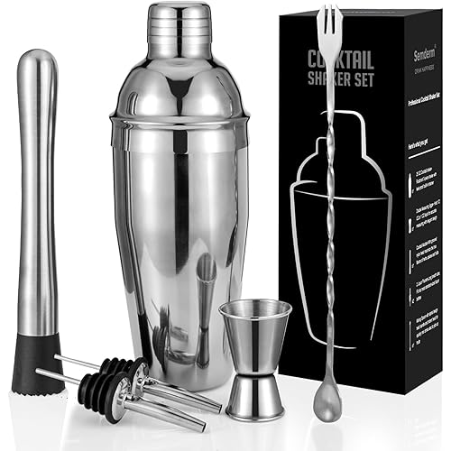 Cocktail Shaker Set, 6-Piece Mixology Bartender Kit Premium Shakers Bartending: Martini Shaker Jigger Mixing Spoon Muddler 2 Pourers Bar Tools Set with Built-in Bartender Strainer for Drink Shaker