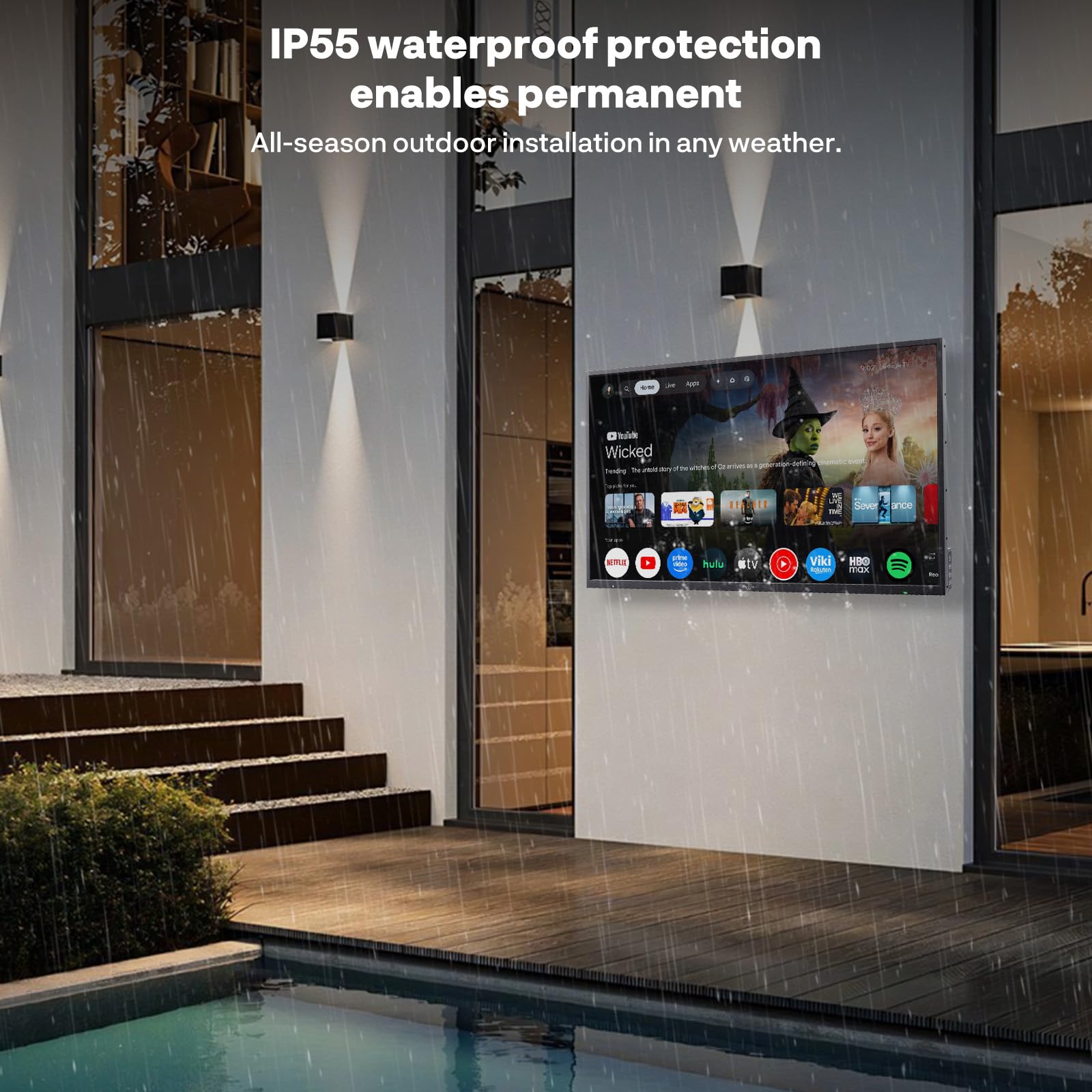 SYLVOX 43" Televisor de Exterior | 4K UHD, 2000 Nits | Google TV, Dolby Atmos | DVB-T2/S2/C HEVC 10, HBBTV, WiFi, IP55 Resistente Outdoor TV al Agua para Jardín, Terraza & Piscina | Pool Pro 2.0