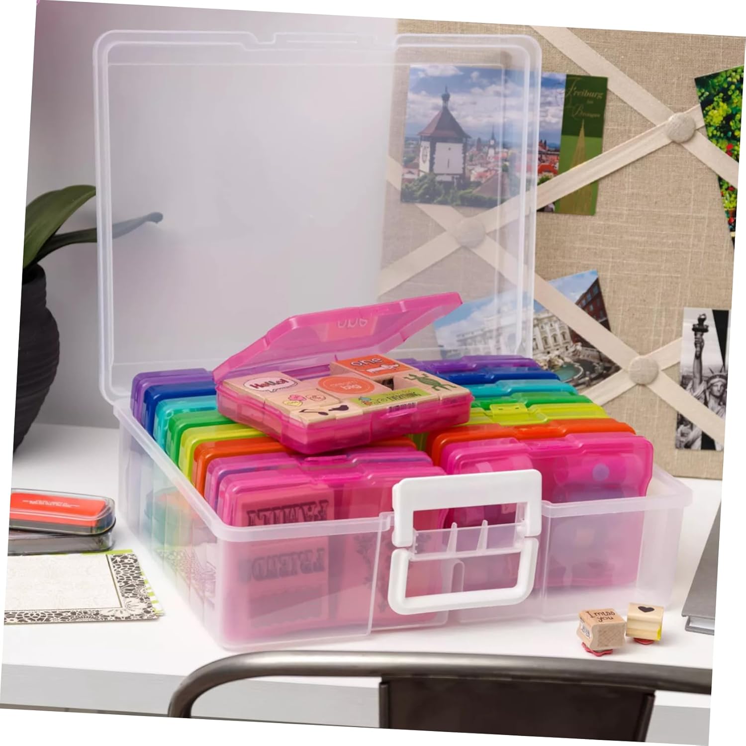 Gadpiparty Multi-functional Photo Organizer Box Photo Storage Box Cards Container for Household Stamp Organizer Portable Storage for Organizing