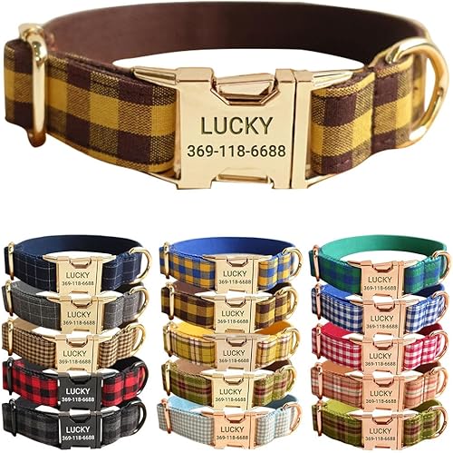 PETDURO Personalized Checkered Plaid Dog Collar Brown Yellow - Engraved Name and Phone Number on Gold Metal Buckle - Custom for Small Medium Large Boy Girl Dogs - Add Leash Bow Tie via Customize Now