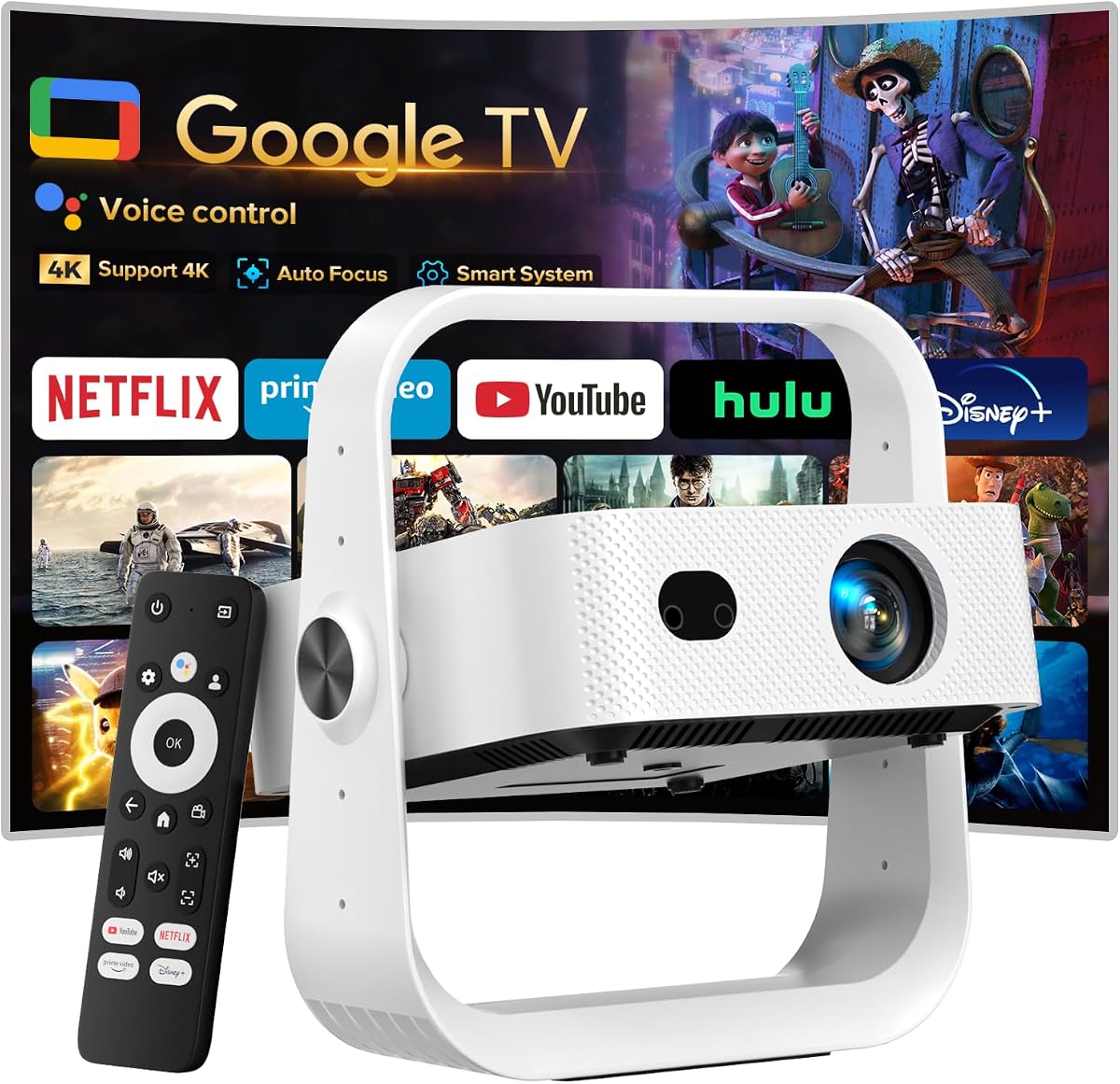 Proyector incorporado Google TV/APPs 4K AI Auto Focus, control de voz | 3000 Bright, Google TV y más de 10 000 aplicaciones. WiFi 6 y Bluetooth 5.0, Proyector portátil para dormitorio/techo/camping/PS5/Switch