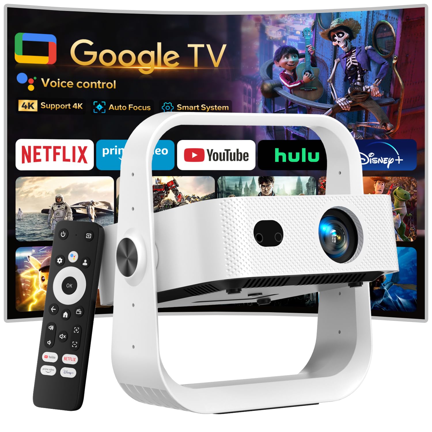 Photo 1 of [Official Licensed Google TV] Projector, Smart 4K&1080P Projector with WiFi and Bluetooth, Auto Focus & Keystone, Voice Control Movie Video Projector, Home Projector with 360° Rotating Stand