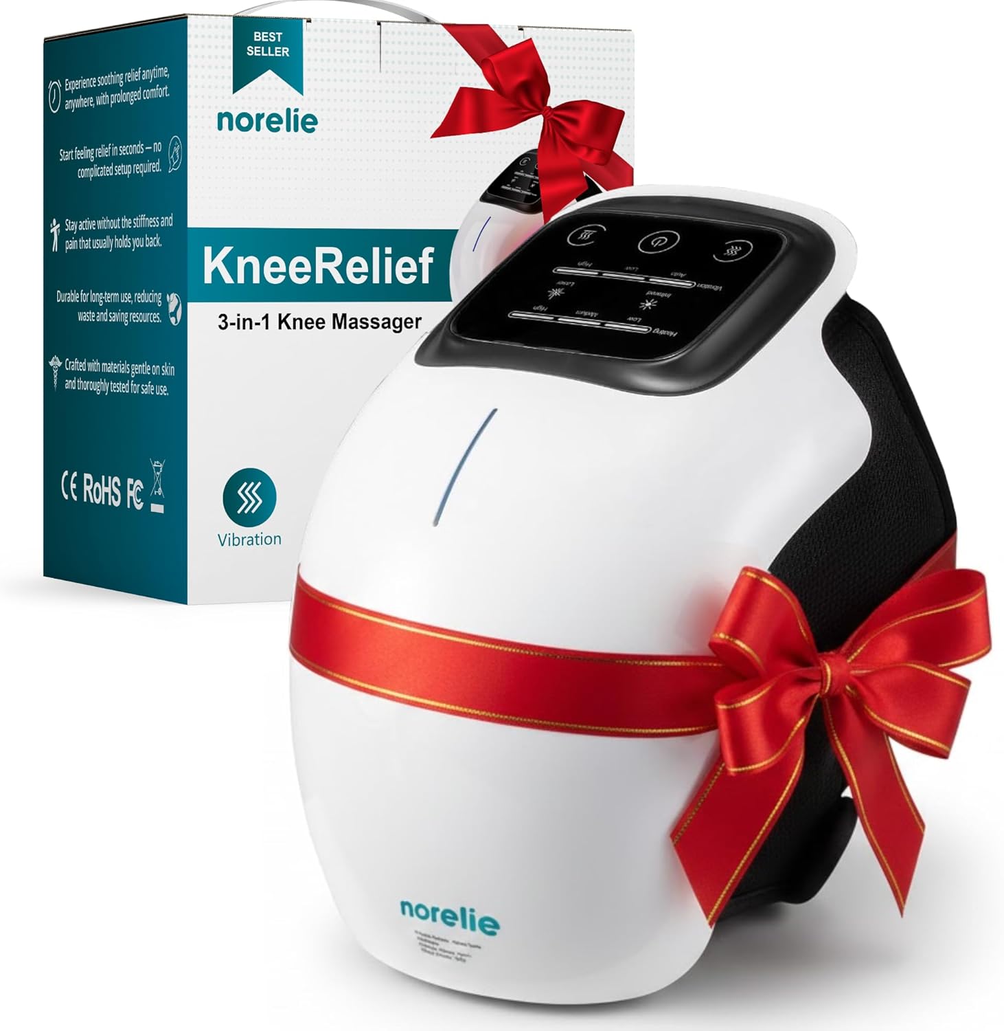 Norelie KneeRelief 3-in-1 Knee Massager, Cordless with Heat, Vibration and Red Light Therapy, Adjustable Settings for Comfort and Mobility