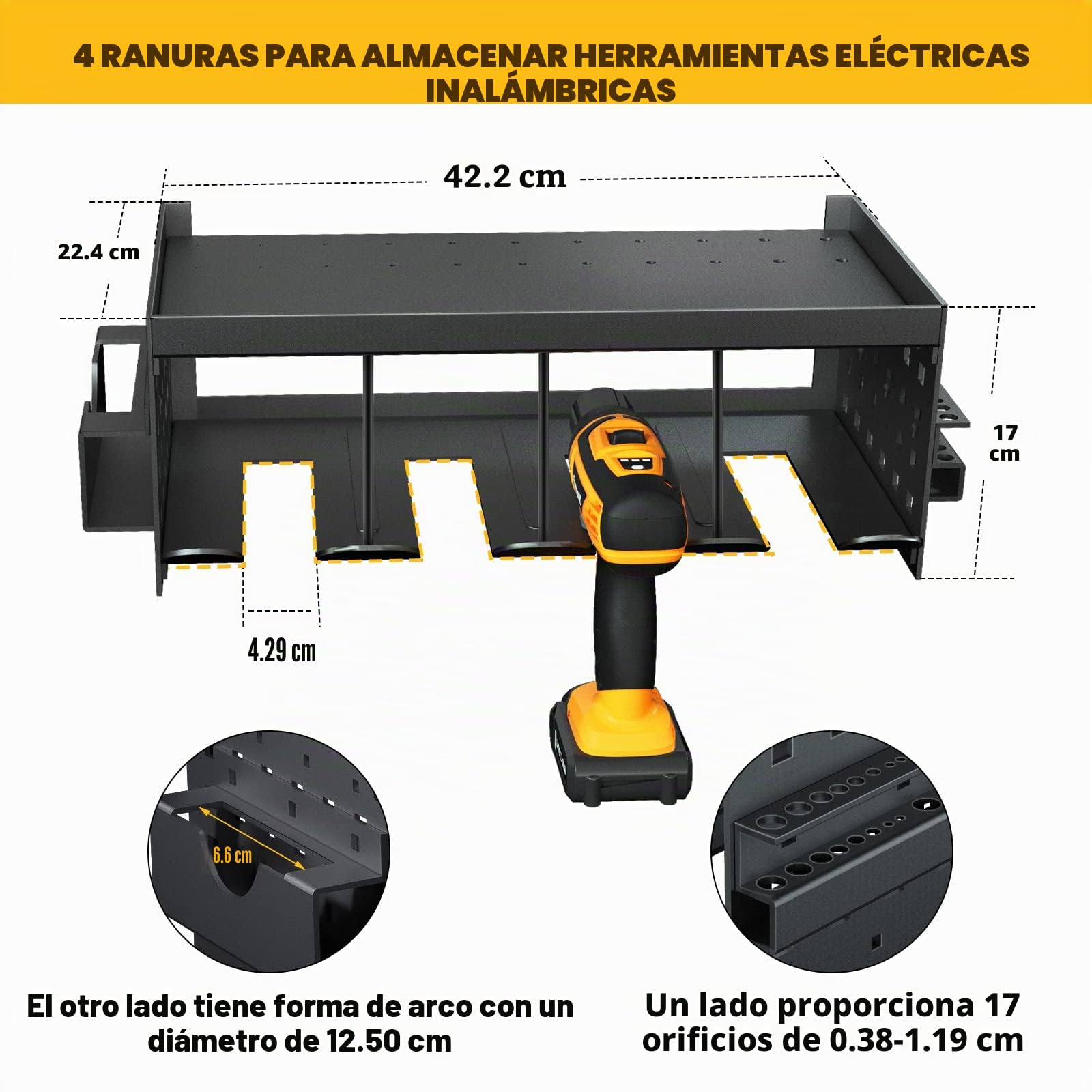 Maletín para herramientas, 4 ranuras para 1 gran estantería, soporte de almacenamiento de pared extraíble para taladro eléctrico de acero resistente para sierra circular, taller, garaje, herrajes