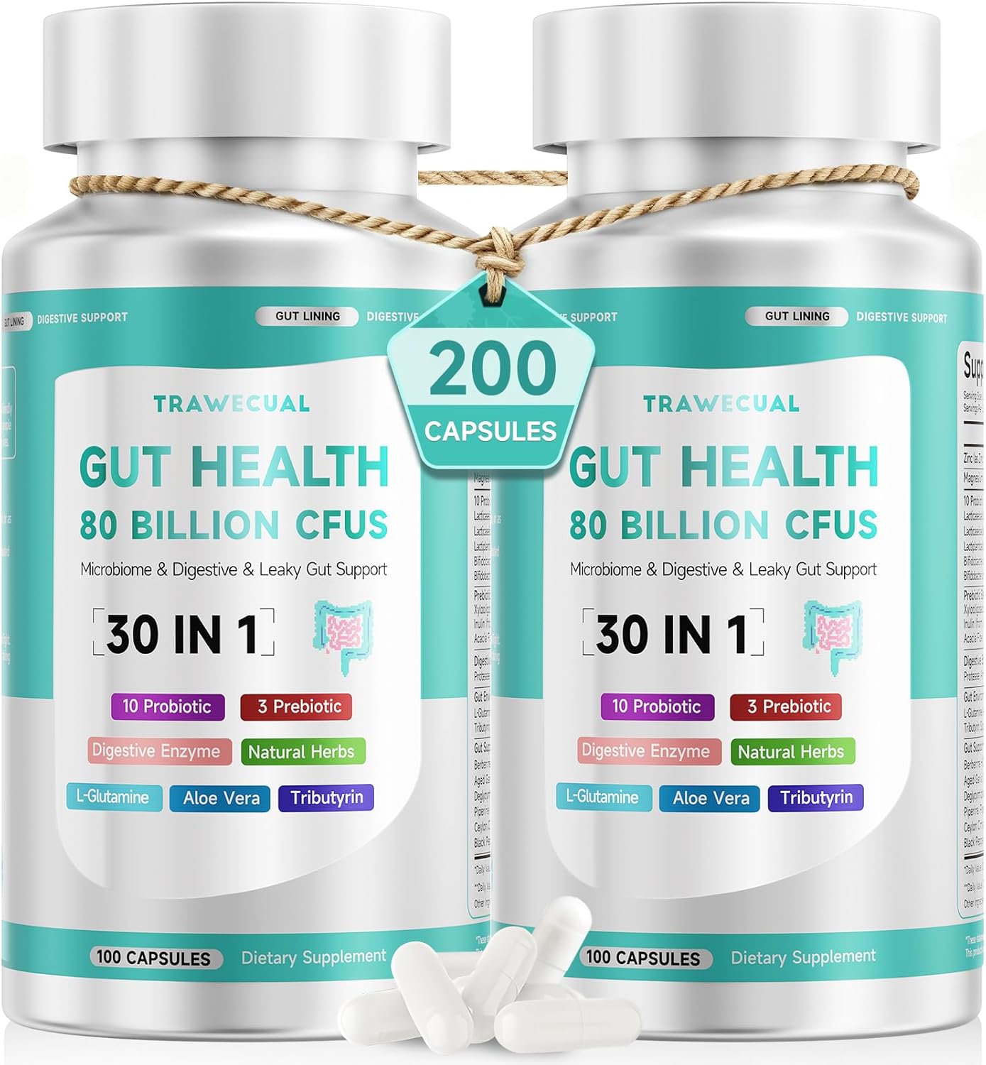 2-Pack Gut Health Capsule Supplement, Supports Microbiome, Leaky Gut, and Digestion, with 80 Billion CFU Probiotics, Prebiotics, Digestive Enzymes, 30-in-1 Gut Health Supplement, 200 Capsules