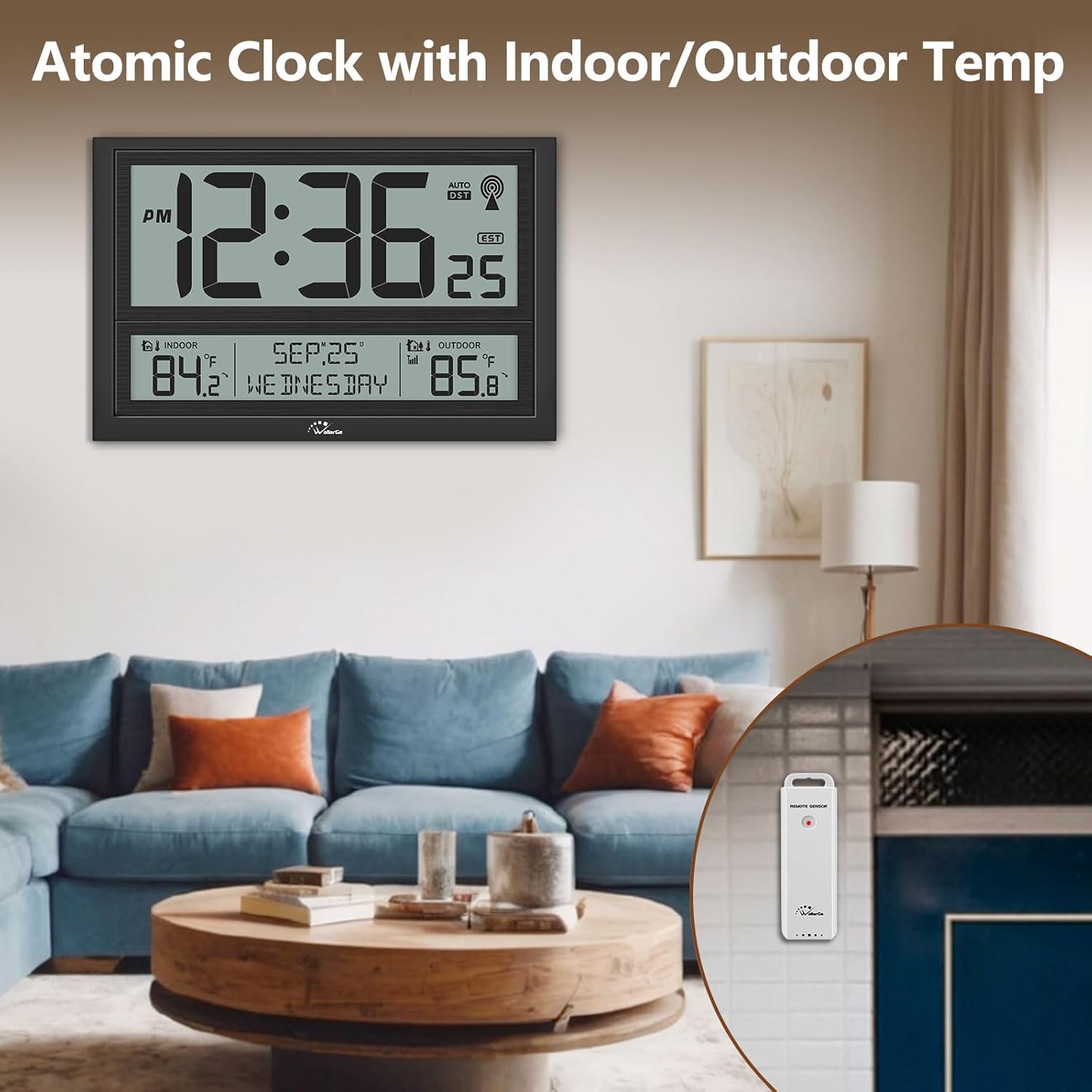 Reloj atómico que muestra las temperaturas interiores y exteriores.