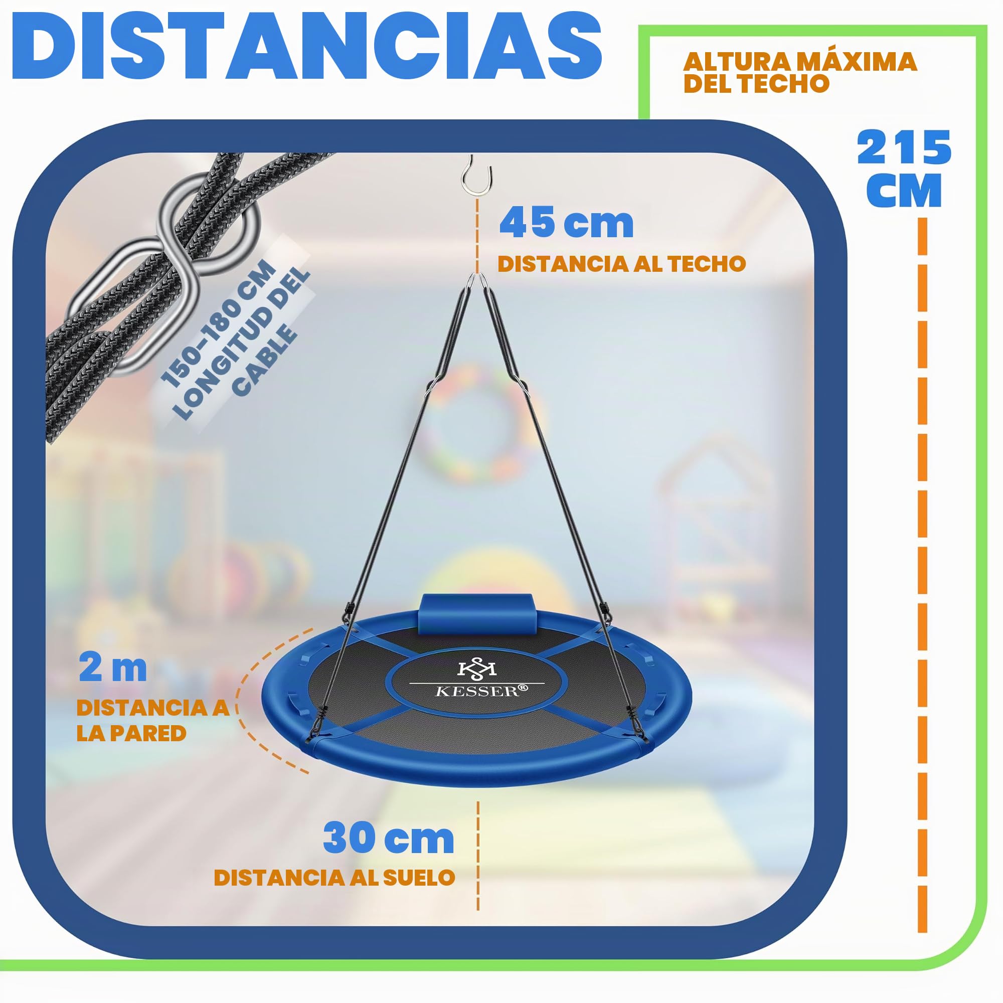 KESSER® Columpio nido de pájaro, diámetro 100 cm, carga máxima 300 kg, con cojín y 4 asas ajustables, para niños y adultos, color azul