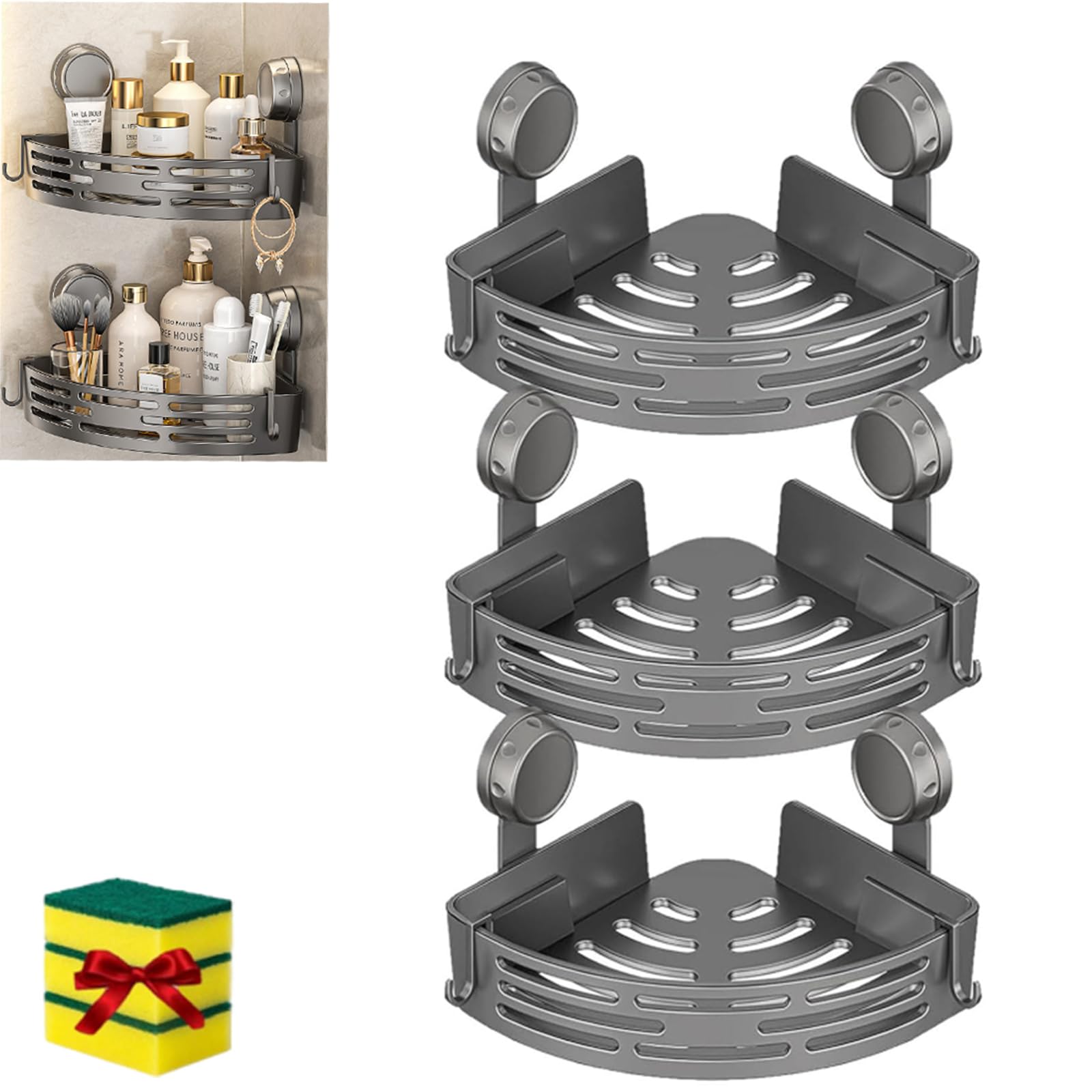Suction Cup Corner Shower Shelf No-Drill Bathroom Corner Caddy Triangle Suction Cup Corner Shelves Removable Wall Storage Rack