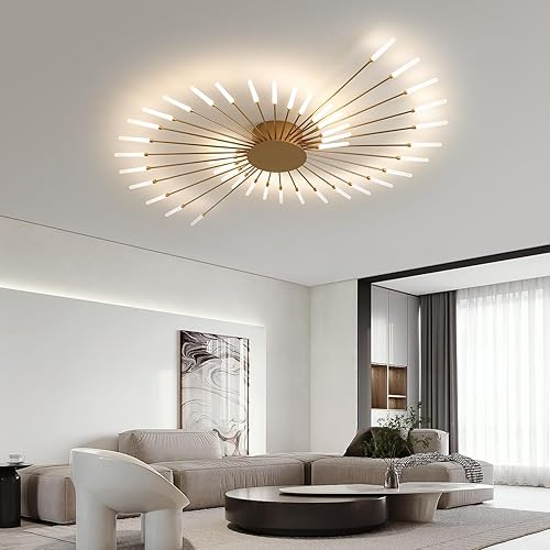 JAYMP Ceiling Light Modern Flower Shape Ceiling Lamp for Living Room Dining Room Flush Mount Metal Acrylic Sputnik Firework Petal LED Lighting Fixture (Matte Gold, 42 Lights)