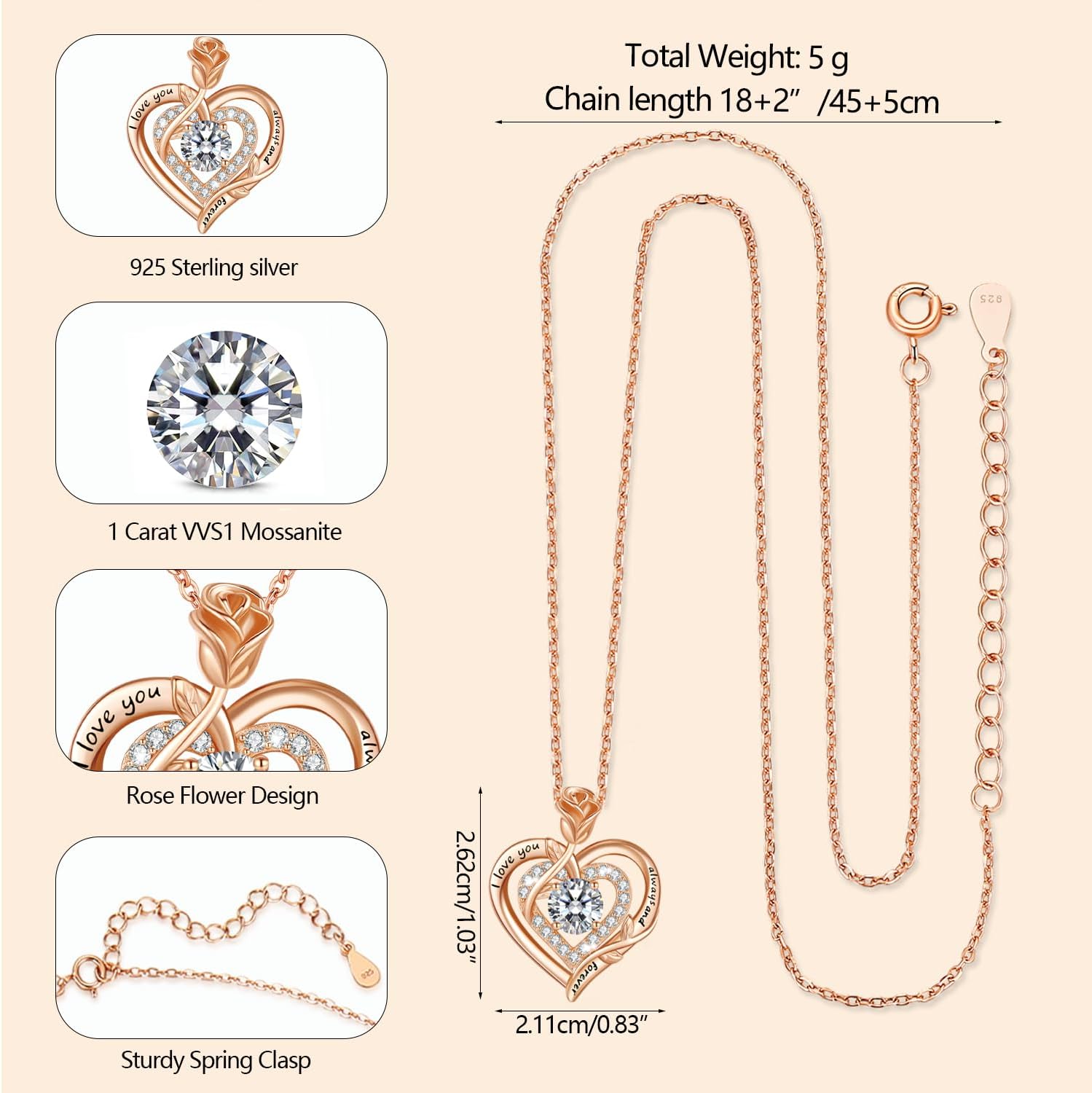 LAVUMO Moissanite Necklace Women Silver 925, 1 Carat Moissanite Diamond Double Heart Rose Pendant Christmas Valentines Day Birthday Jewelry Gifts for Women Girlfriend Mom - Image 5