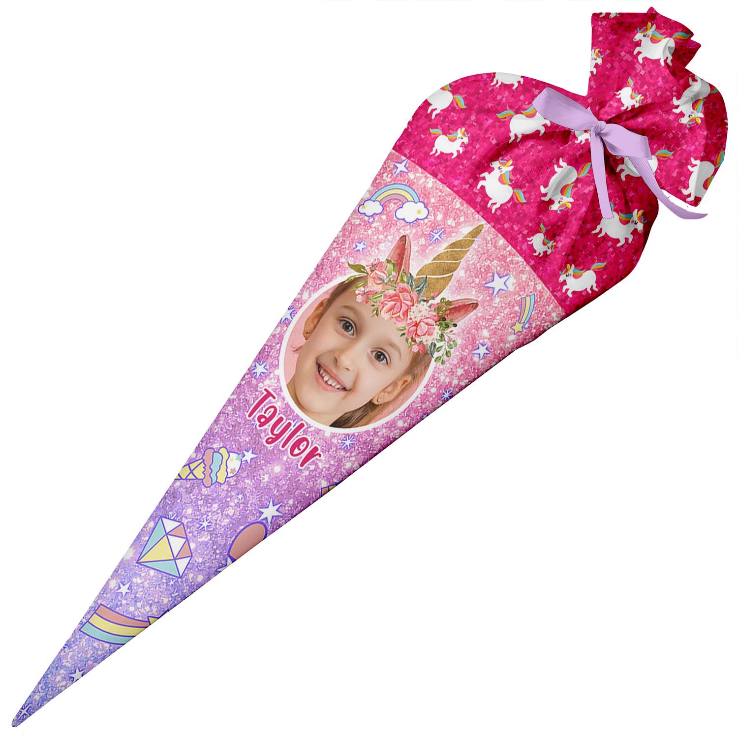 Ferocity Cono di Scuola Unicorno Glitter PHOTO Personalizzato 70 cm Cono di Zucchero con Struttura di Cartone e Riempimento Grande Cuscino