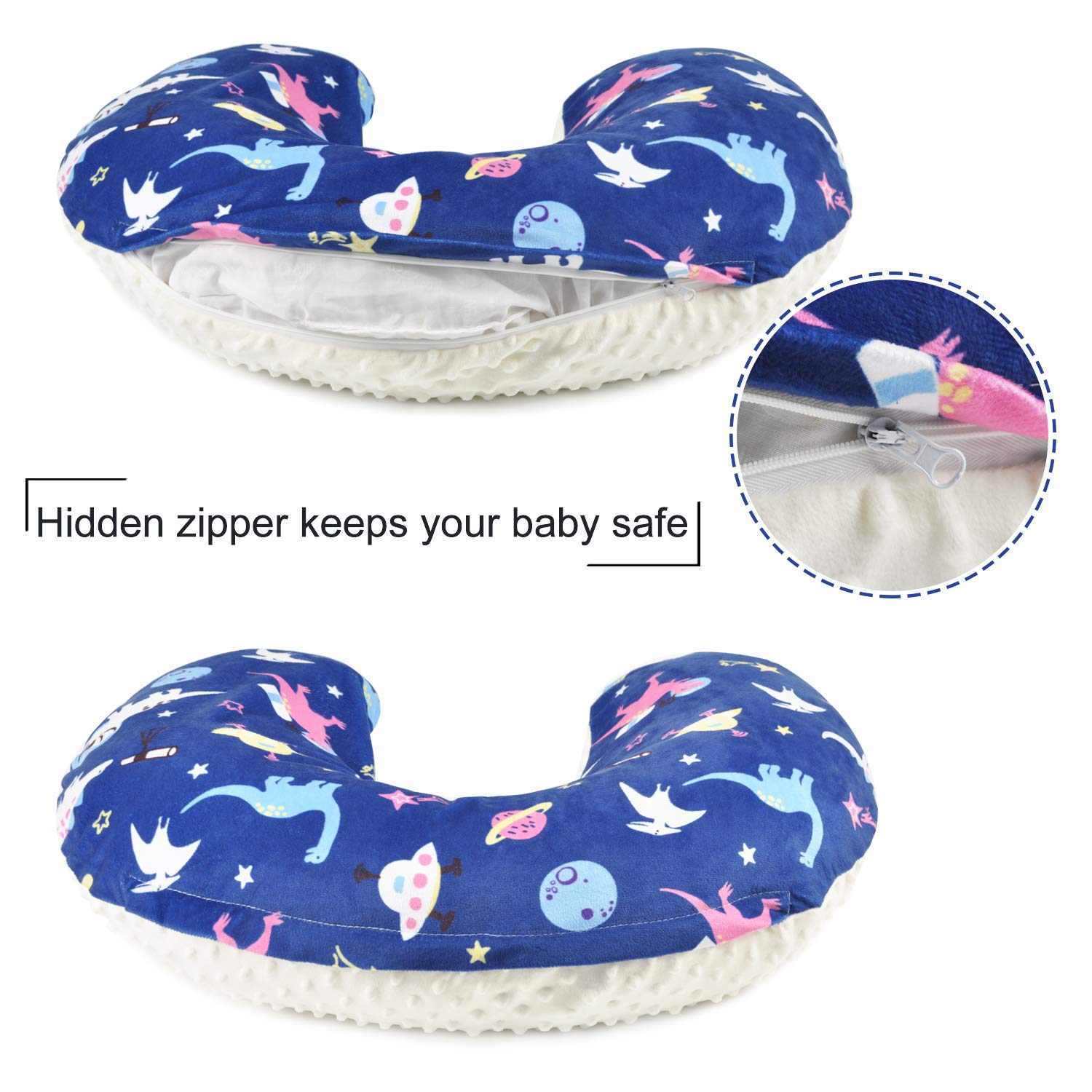 BORITAR Nursing Pillow Cover with Dinosaur Pattern Slipcover Minky for Boys and Girls, Super Soft Fabric with White Dotted Backing, Dark Blue