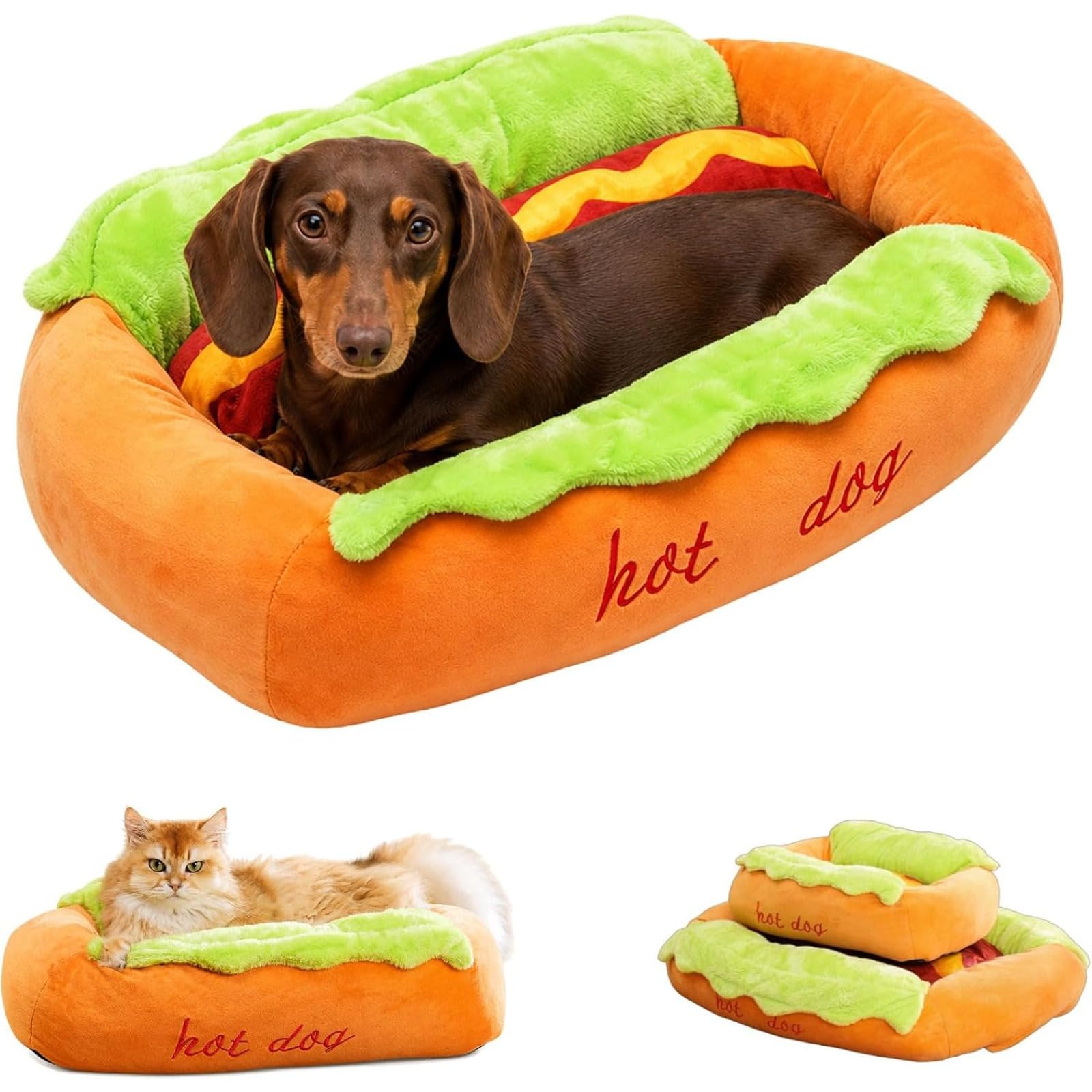 Generico Cuccia a forma di hot dog per bassotti, cuccia per cani e gatti di piccola taglia, morbida, rimovibile e lavabile, in microfibra scamosciata e velluto a coste, con base antiscivolo (S)