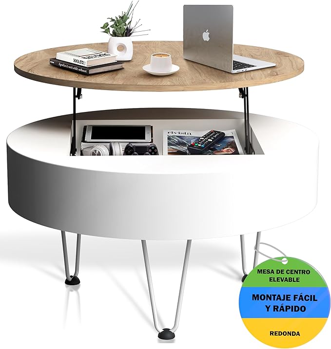 Lift-Up Coffee Table - Living Room - Round Table - Extendable Table - Living Room Furniture - White Center - Modern Wood - Round Shape