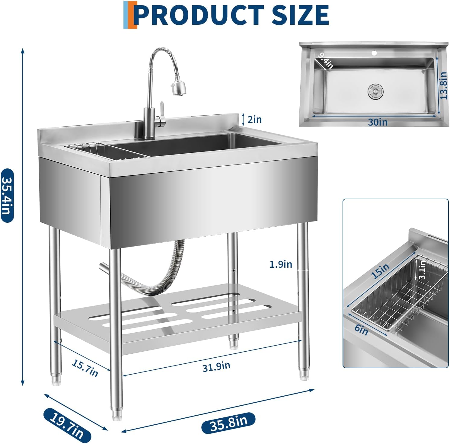Utility Sink, Freestanding Stainless Steel Laundry Sink with 360° Rotating Pull-Out Faucet, Rust-Resistant Outdoor Sink with Storage Shelf, Easy Clean Basin, Adjustable Feet for Kitchen, Garage