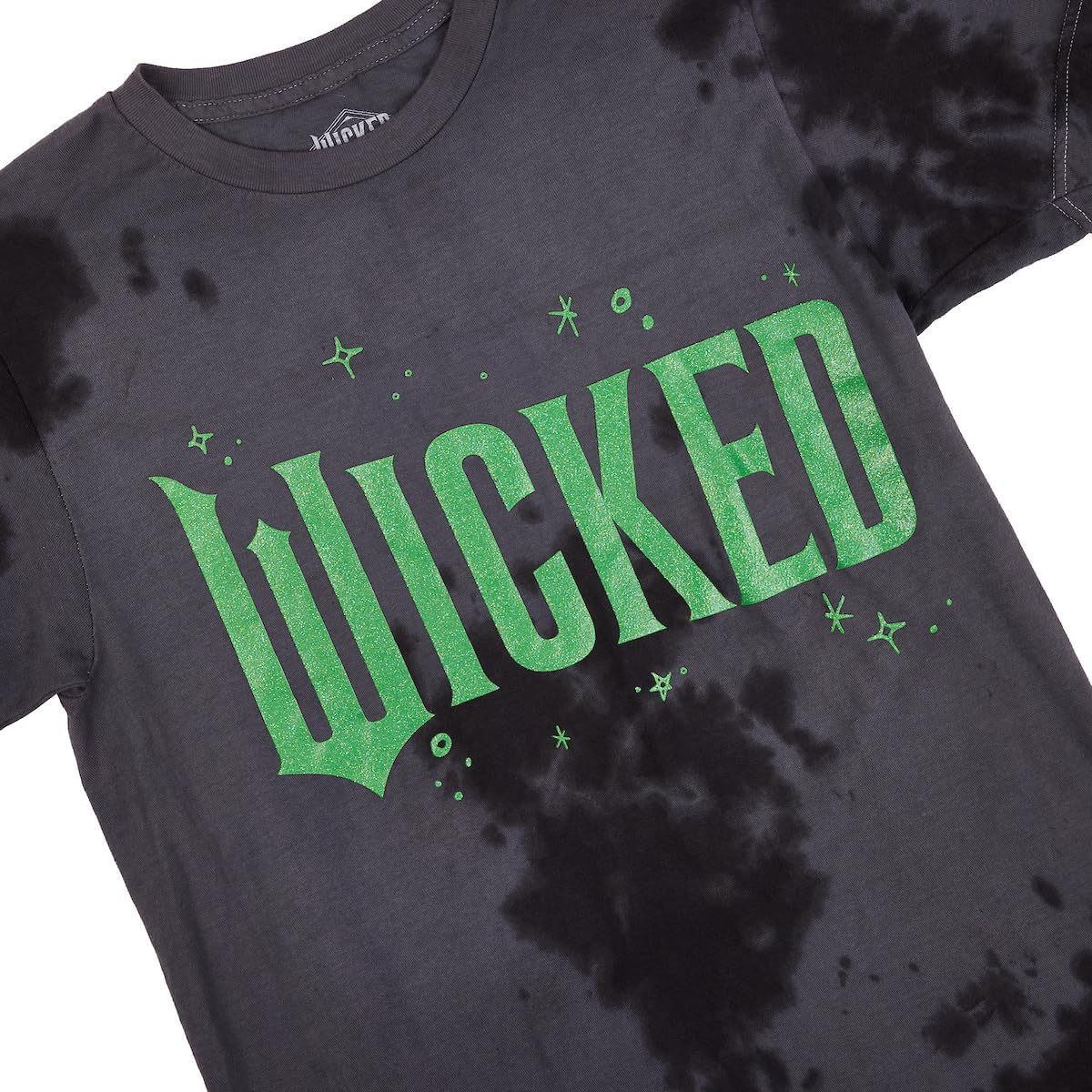 Bioworld Wicked Green Glitter Print Movie Logo Black Cloud Wash Crew Neck Short Sleeve T-Shirt-Medium