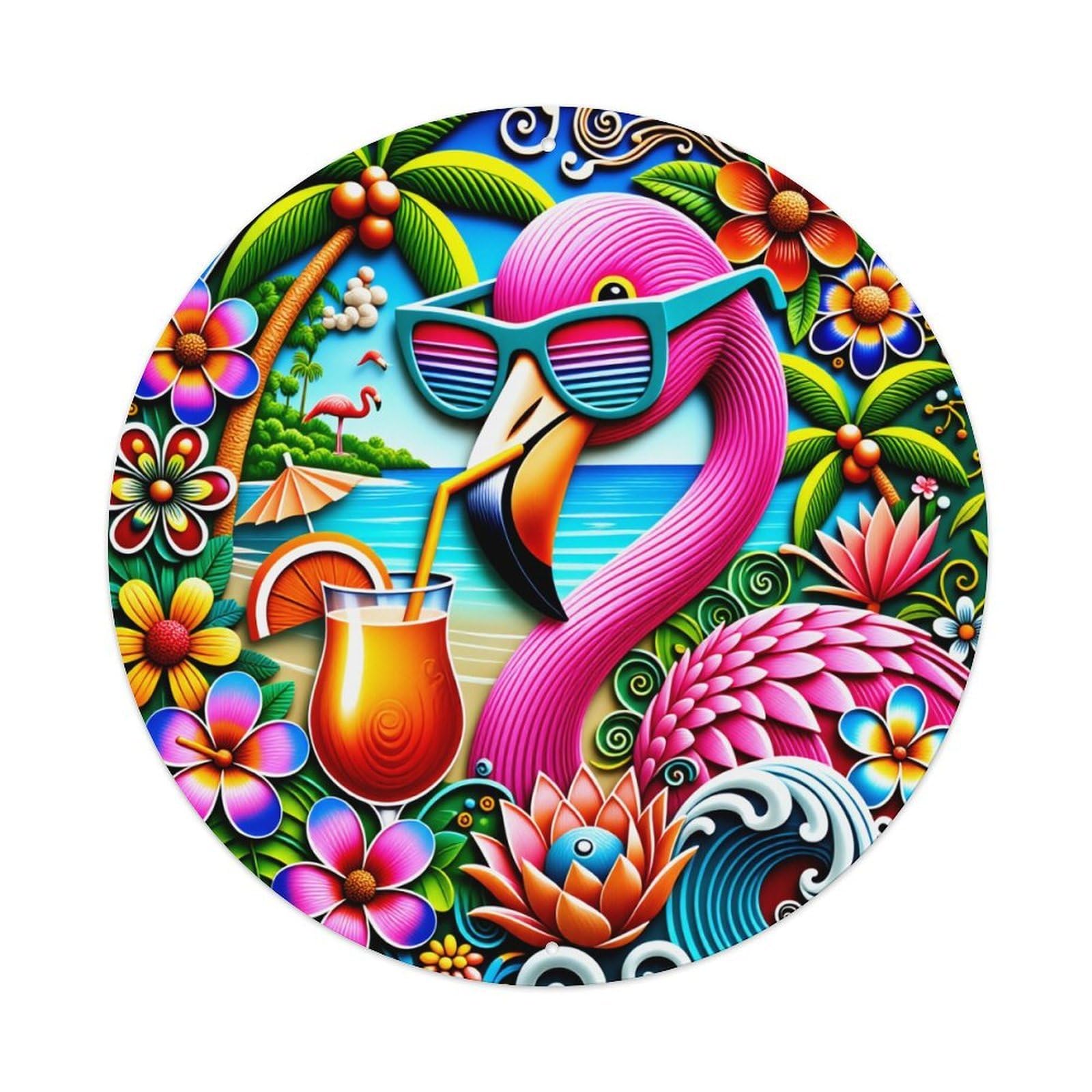 Tropical Flamingo Cocktail Paradise Pattern Round Tin Sign Vintage Metal Poster Retro Bar, Home, Man Cave, Kitchen, Laundry Room Wall Art Decor Gift 8x8In