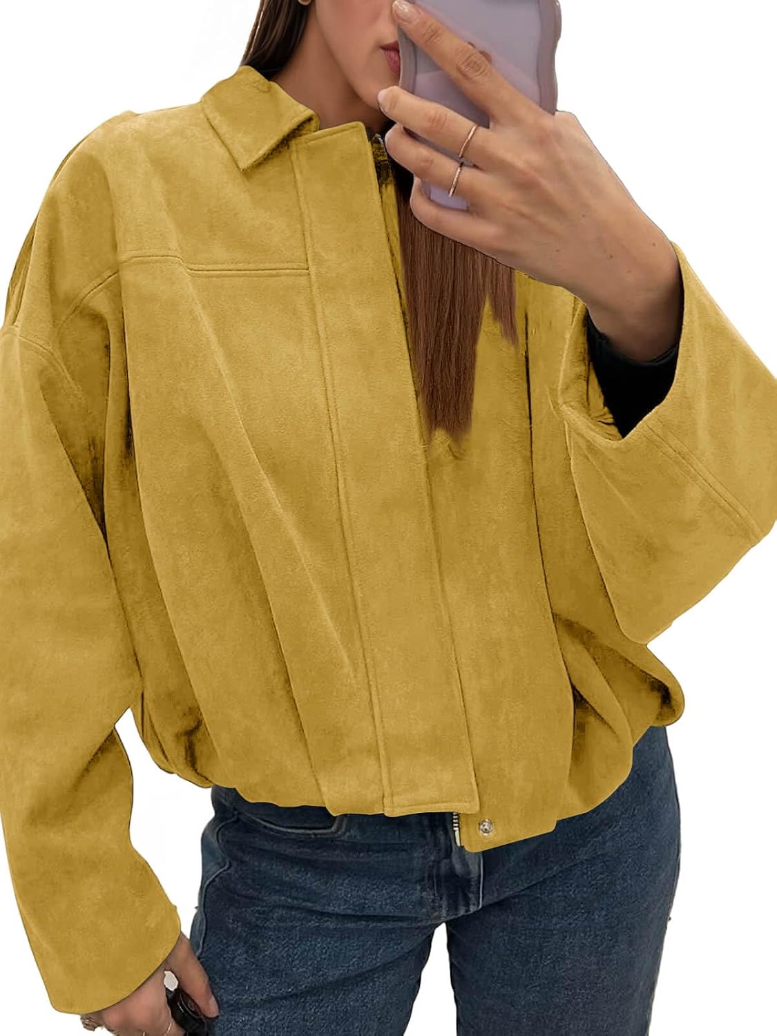 Cicy Bell Womens Faux Suede Bomber Jackets Oversized Cropped Zip Up Lapel Coats Fall Casual Outerwears