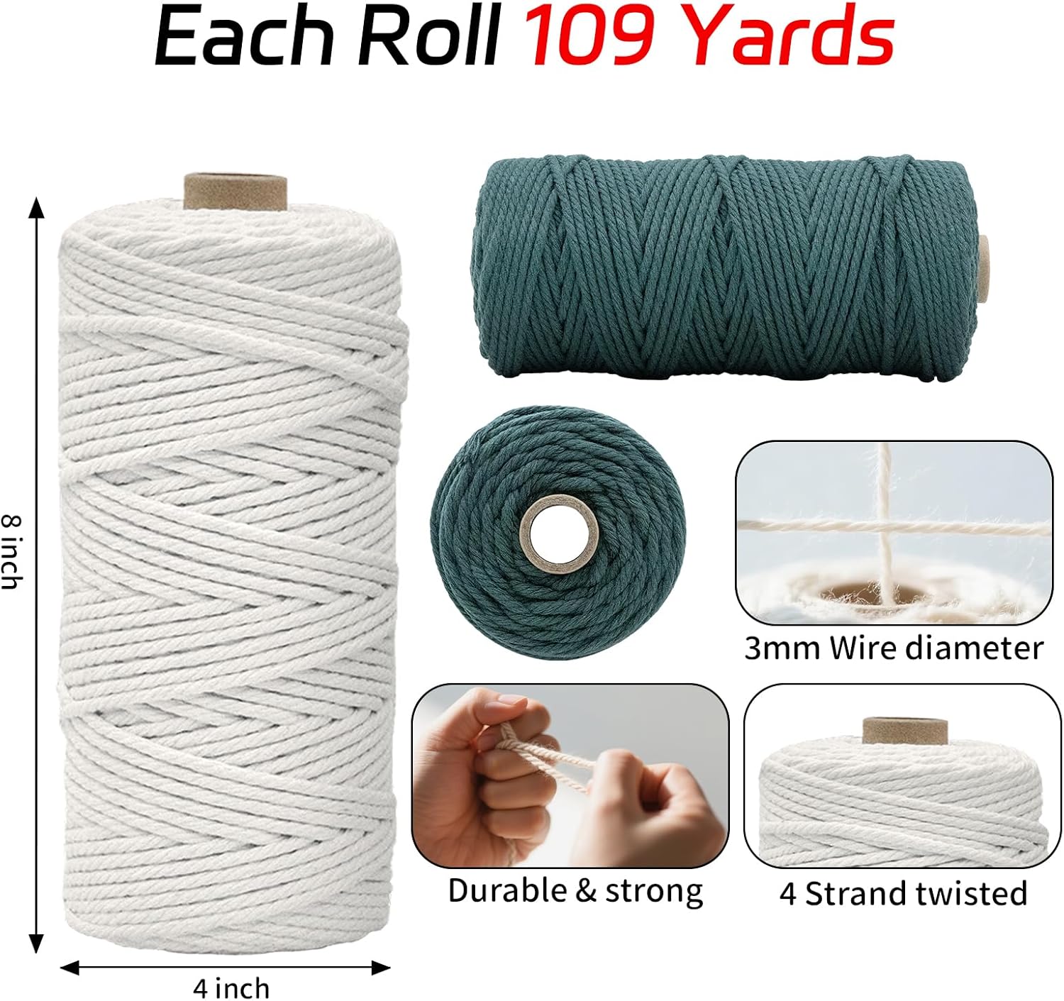 12 Rolls Natural Macrame Cord 3 mm x 1308 Yards,Natural Cotton Twine,Colored Macrame String,Cotton Rope for DIY Crafts Knitting,Plant Hangers,Decor (Classic Color 3 mm x 1308 Yards)