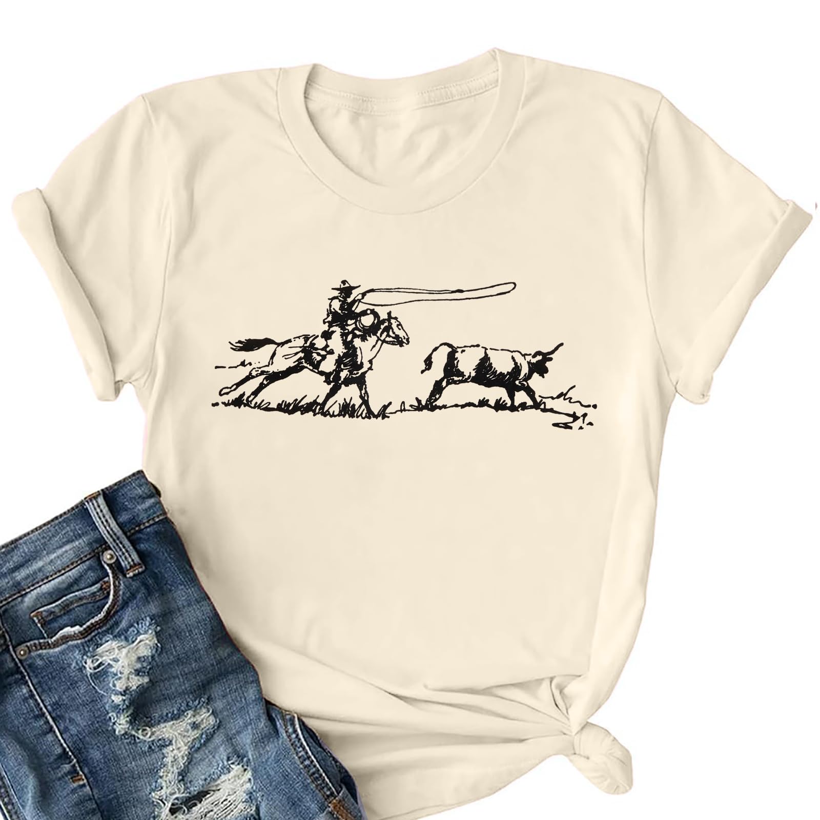 Retro Rodeo Shirt Women Cowgirl Bleached T Shirt Western Cowboy Rodeo Outfit Country Music Tee Short Sleeve Top