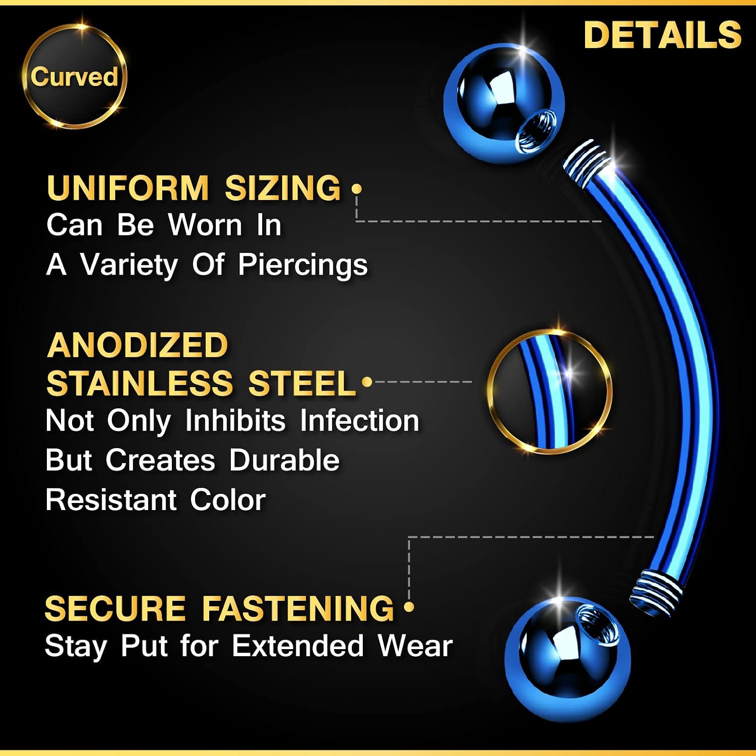 3PCS Stainless Steel Dark Blue Curved Barbell Bar 16g 3mm Ball Eyebrow Rook Earrings Tragus Piercing Jewellery Choose Sizes - Image 4