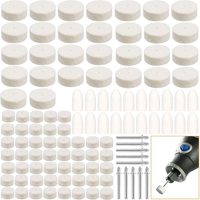 110PCS Wool Felt Polishing Pads, Buffing Grinding Wheel Rotary Tool Set with 1/8 Inch Shank & Replacement Polishing Wheels, Point & Mandrel Kit for Drill Plastic Glass Metal Jewelry 9/12/25mm