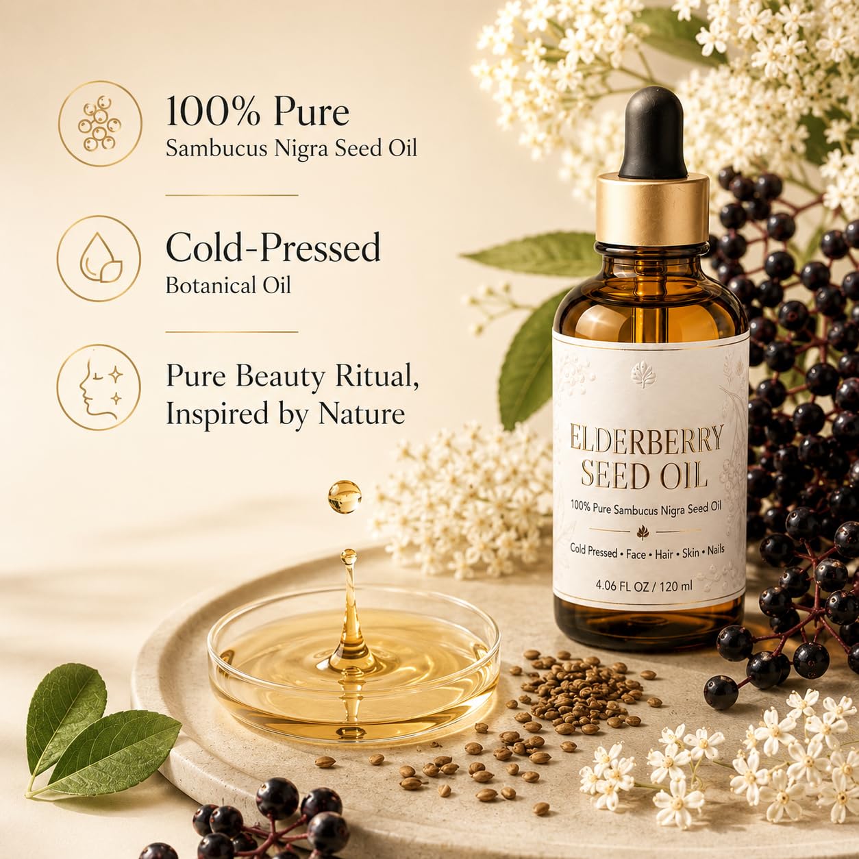 Elderberry Seed Oil, 100% Pure Sambucus Nigra Seed Extract, Cold-Pressed Lightweight Botanical Oil for Face, Hair, Skin & Nails, Daily Moisturizing Beauty Care, 4 Fl Oz