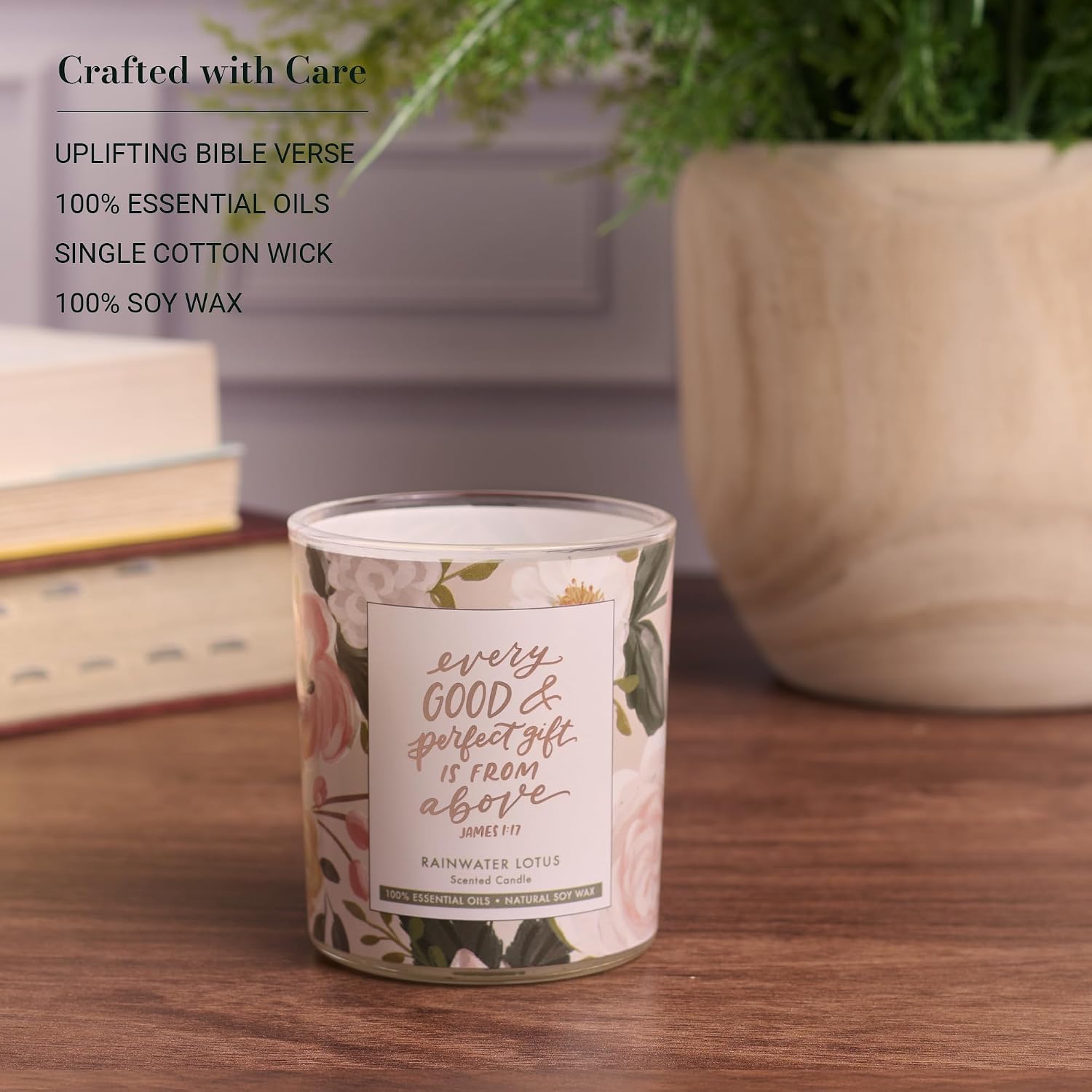 Christian Art Gifts Soy Wax Scented Candle: Every Good Gift Bible Verse, Rainwater Lotus Scent, Pure Essential Oils, 4.5 oz, Up to 20 Hours Burn Time, Glass Jar w/Bamboo Lid, Cute Encouragement Gift