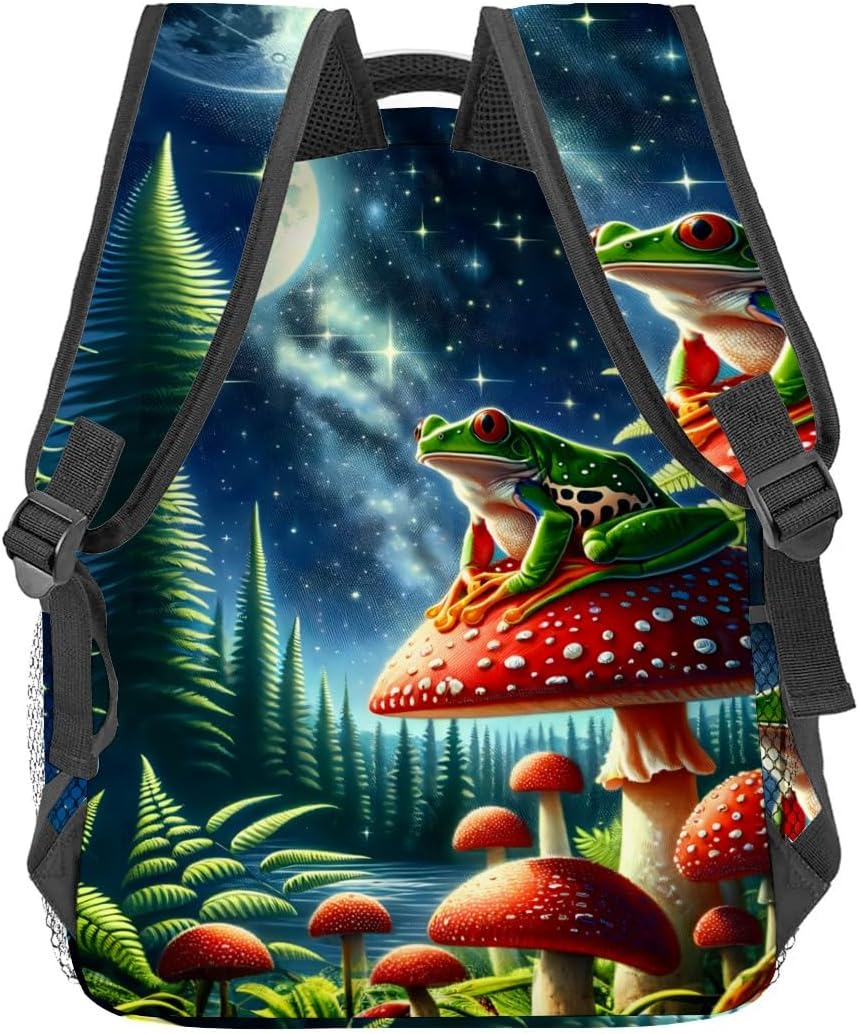 Magical Forest Frog Backpack,Mushroom Moon Polyester Backpacks,Lightweight Double Shoulder Back Pack for Teens Adults,Night Scene Bookbag,School Bag Gifts,Casual Travel Daypack Book Packs - Image 5