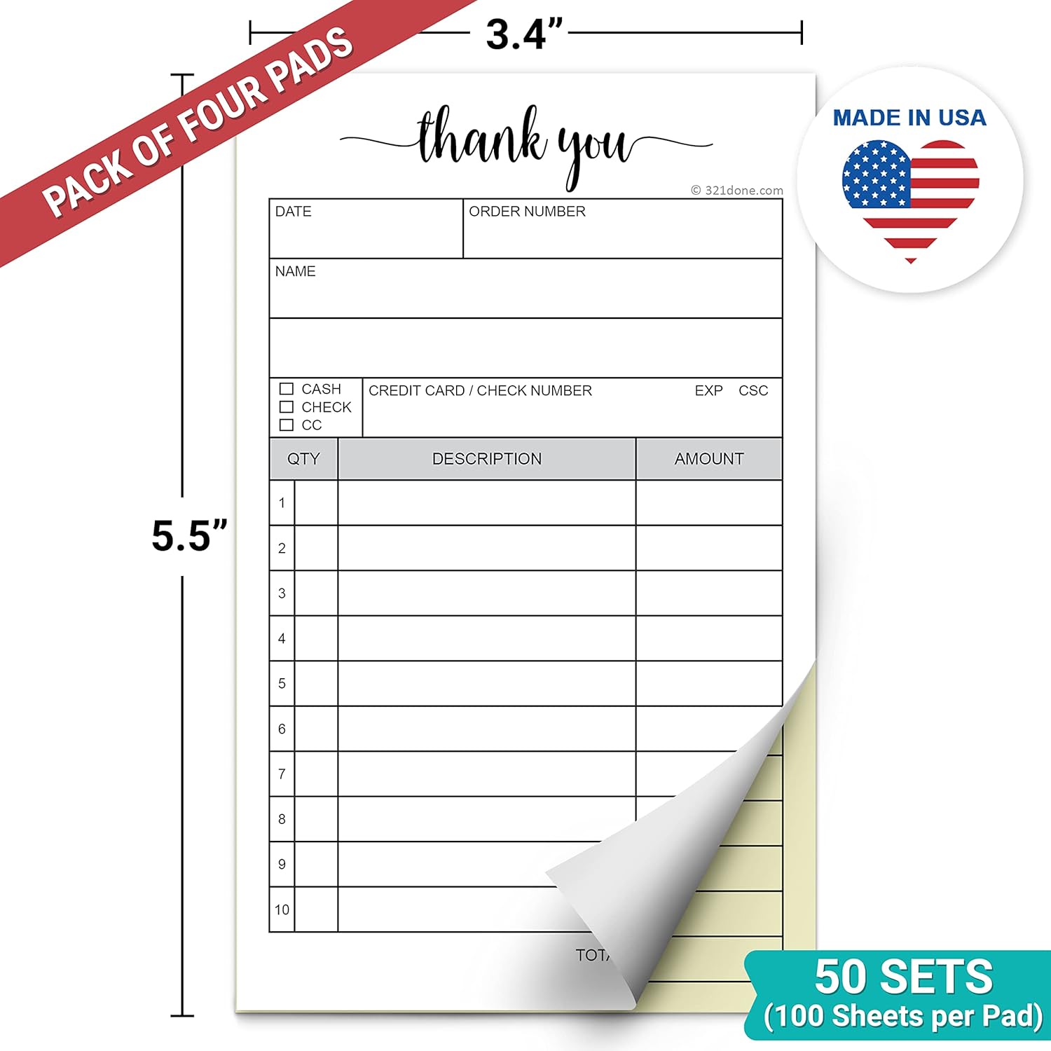 321Done 4-Pack Thank You Receipt Book, 3.4x5.5 Handheld 2-Part Carbonless, Made in USA, Carbon Duplicate Copy Sales Order Form, Invoice Pad, Cute Convenient for Small Business (50 Sets) White/Yellow